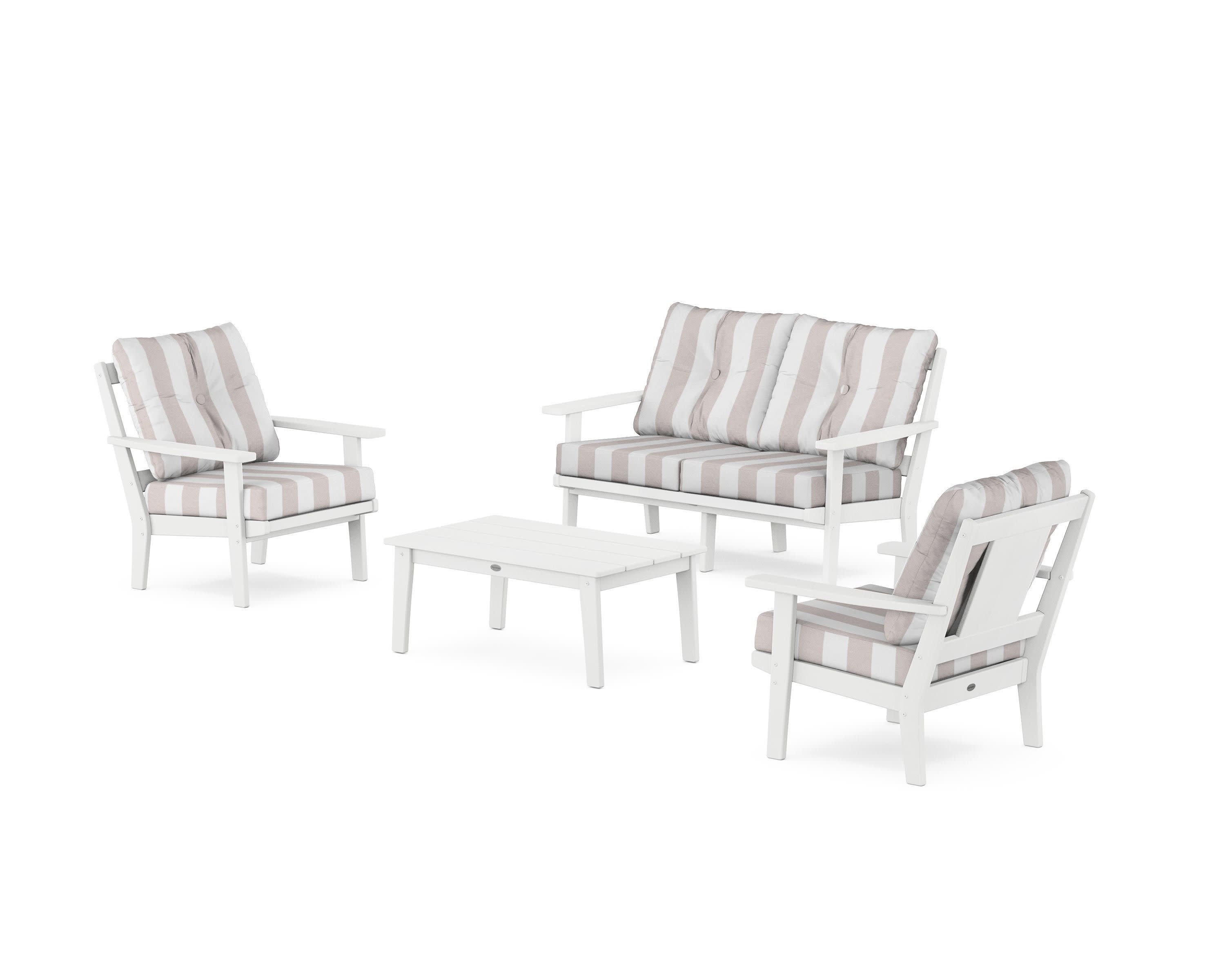 Prairie 4-Piece Deep Seating Set with Loveseat in White / Cabana Stripe Dune Burlap