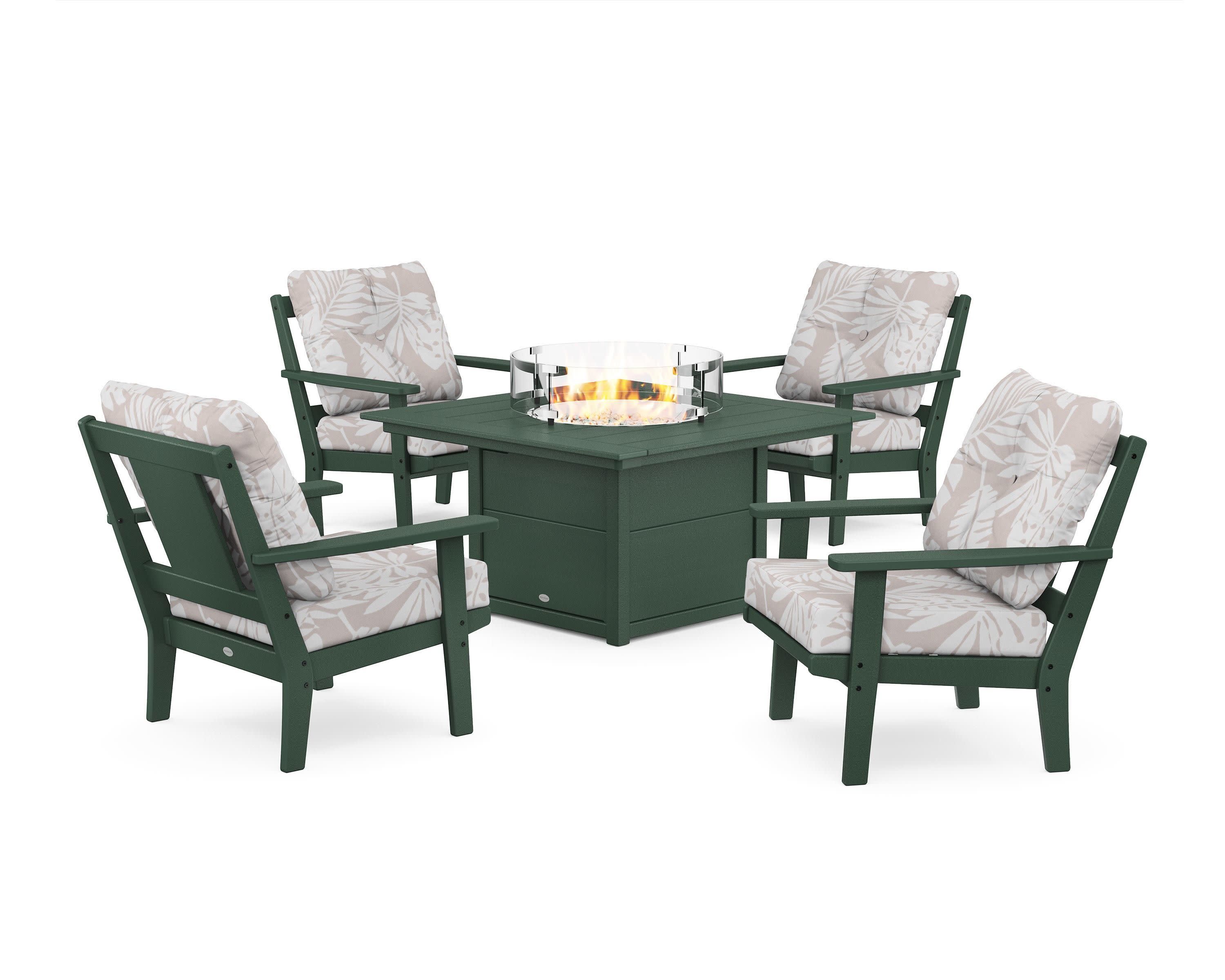 Prairie 5-Piece Deep Seating Set with Fire Pit Table in Green / Leaf Dune Burlap