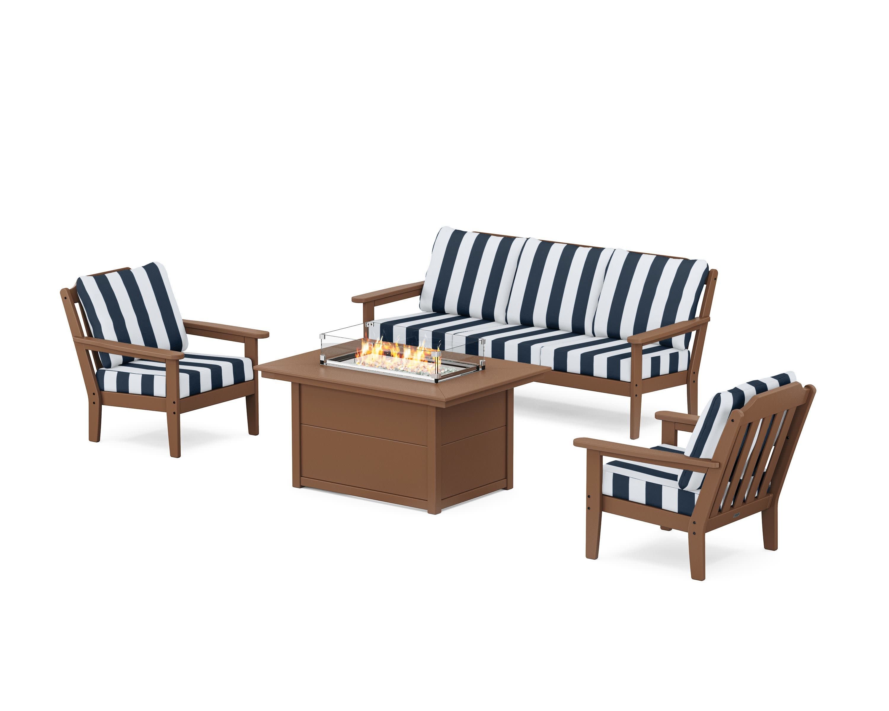 Cottage Deep Seating Fire Pit Table Set in Teak / Cabana Stripe Marine Indigo