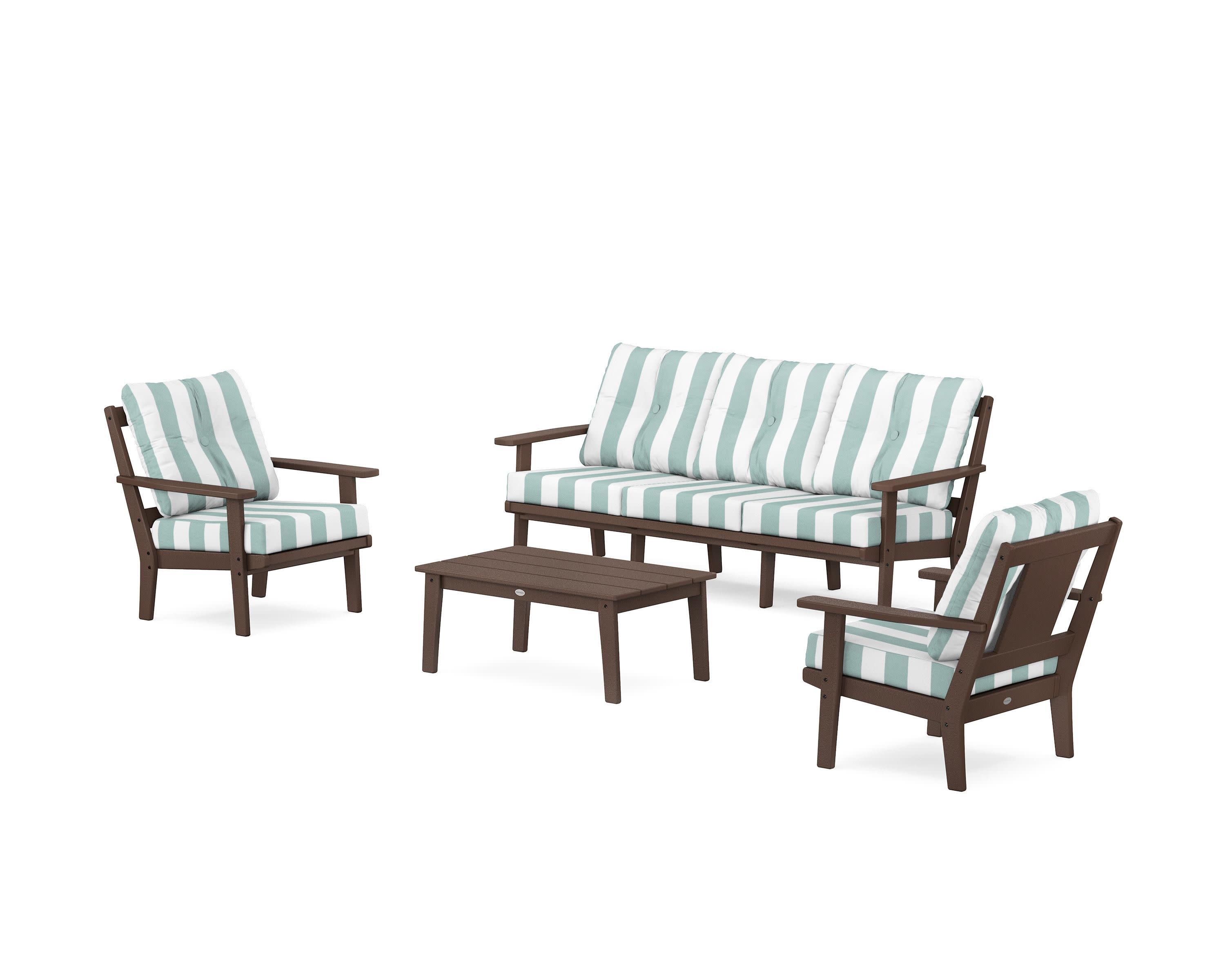 Prairie 4-Piece Deep Seating Set with Sofa in Mahogany / Cabana Stripe Glacier Spa