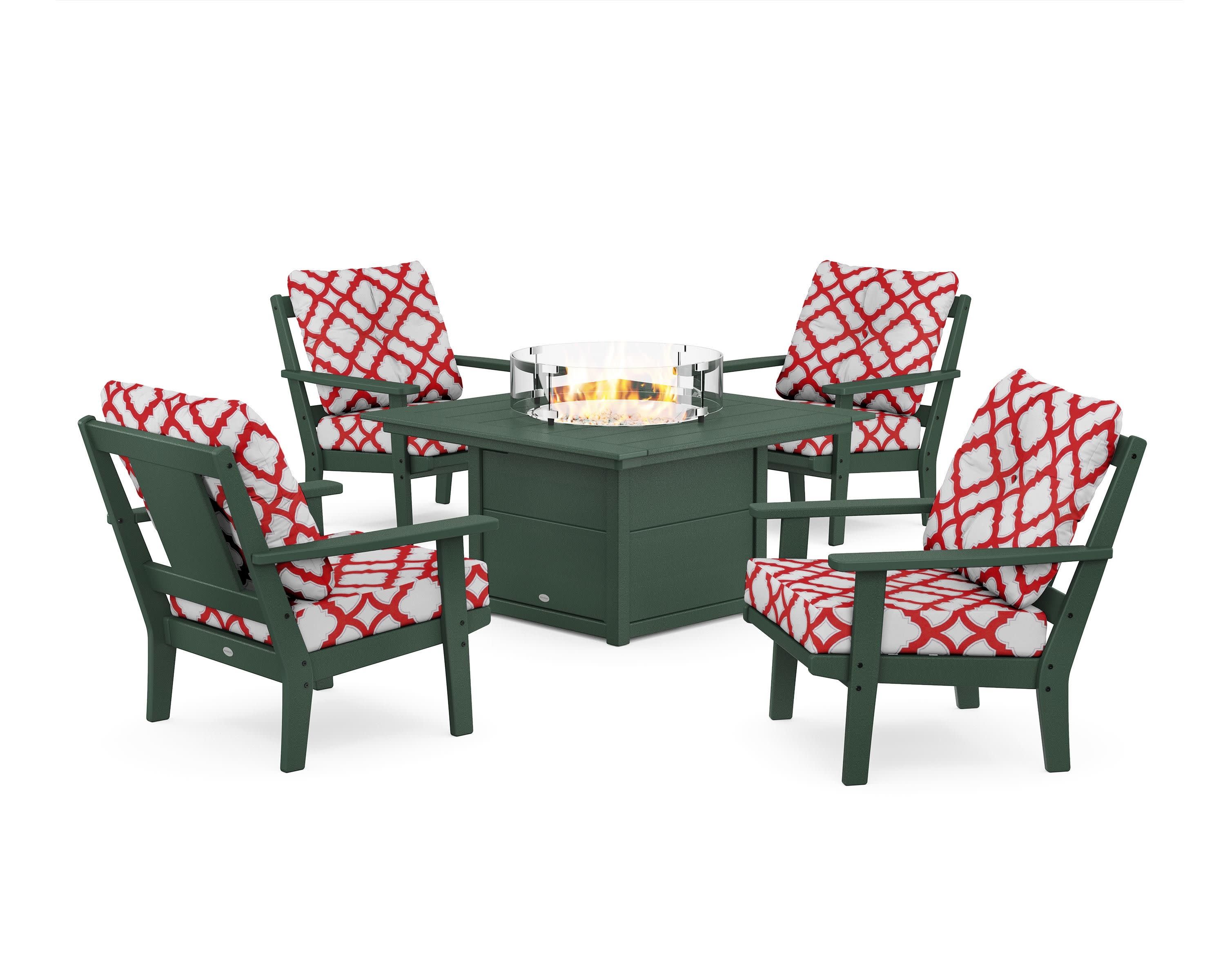 Prairie 5-Piece Deep Seating Set with Fire Pit Table in Green / Trellis Crimson