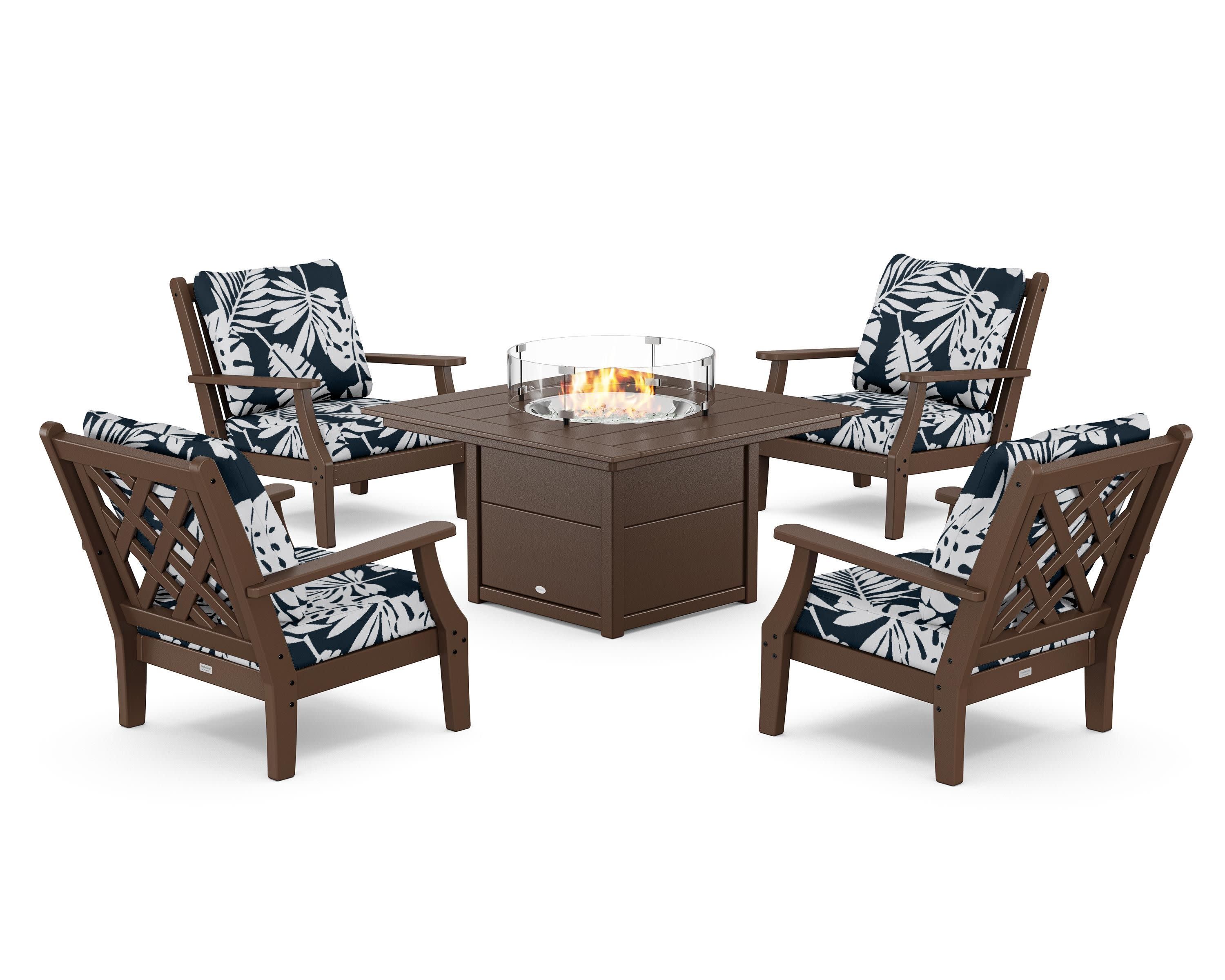 Wovendale 5-Piece Deep Seating Set with Fire Pit Table in Mahogany / Leaf Marine Indigo