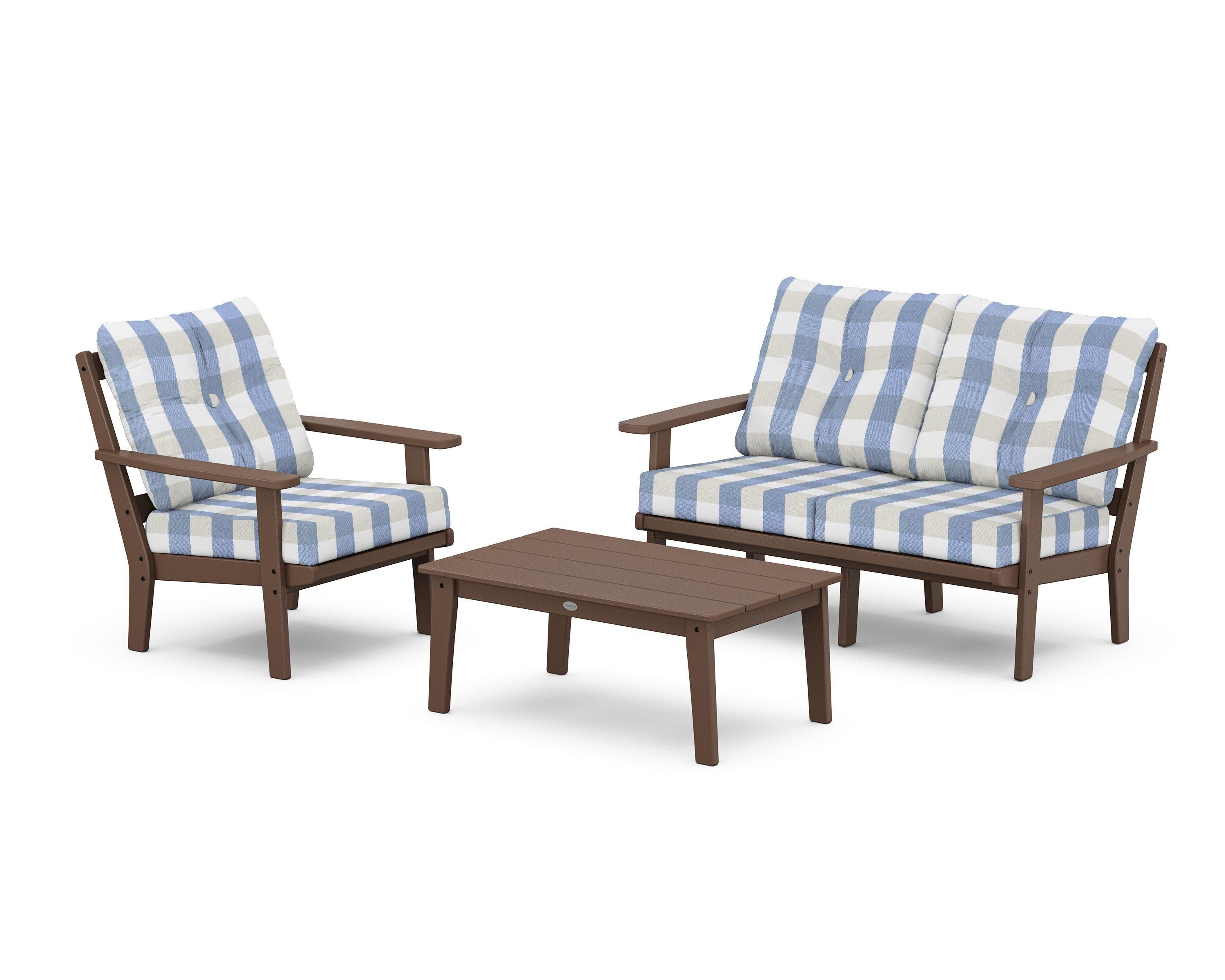 Prairie 3-Piece Deep Seating Set with Loveseat in Mahogany / Buffalo Plaid Sky Blue