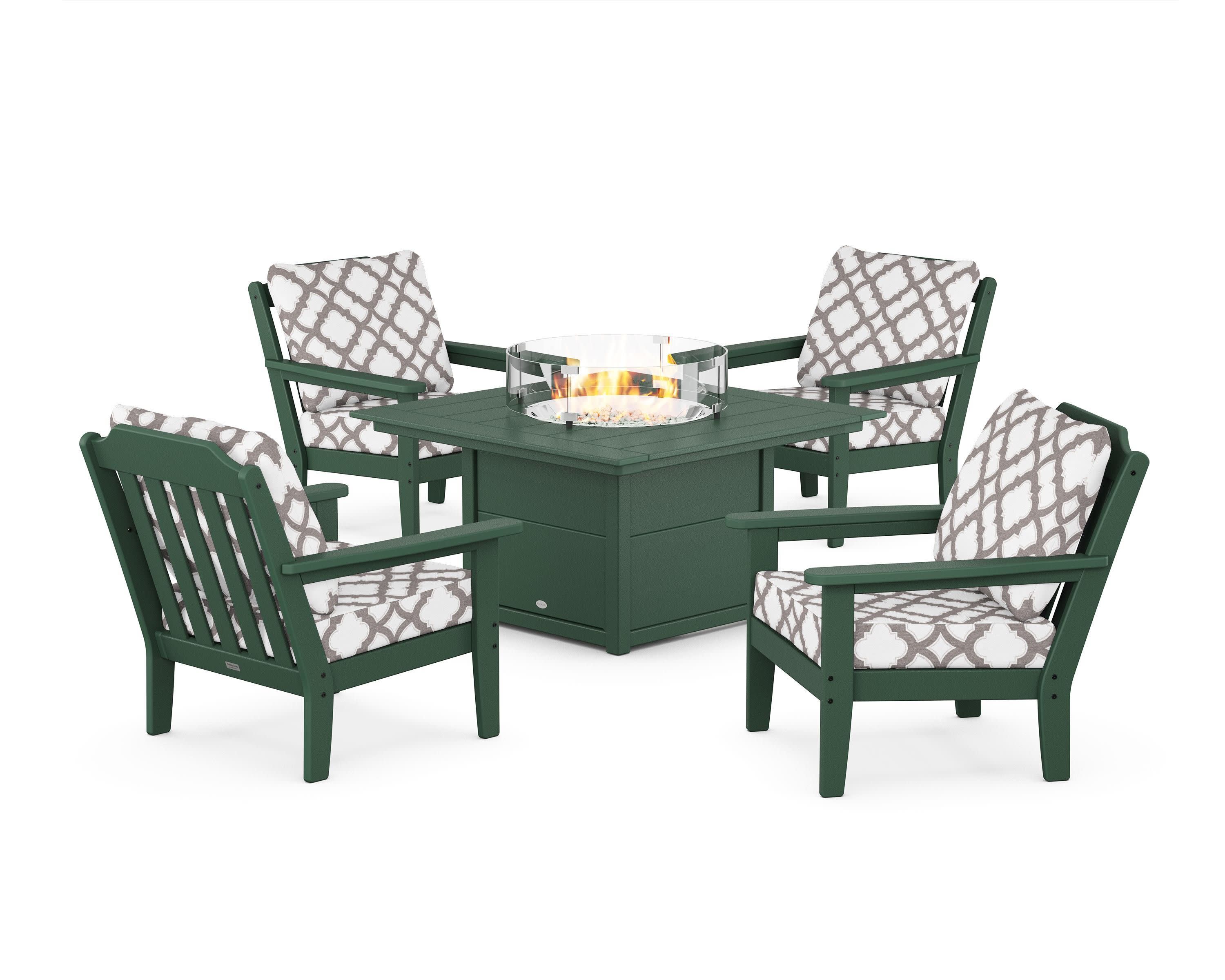 Cottage 5-Piece Deep Seating Set with Fire Pit Table in Green / Trellis Grey Mist