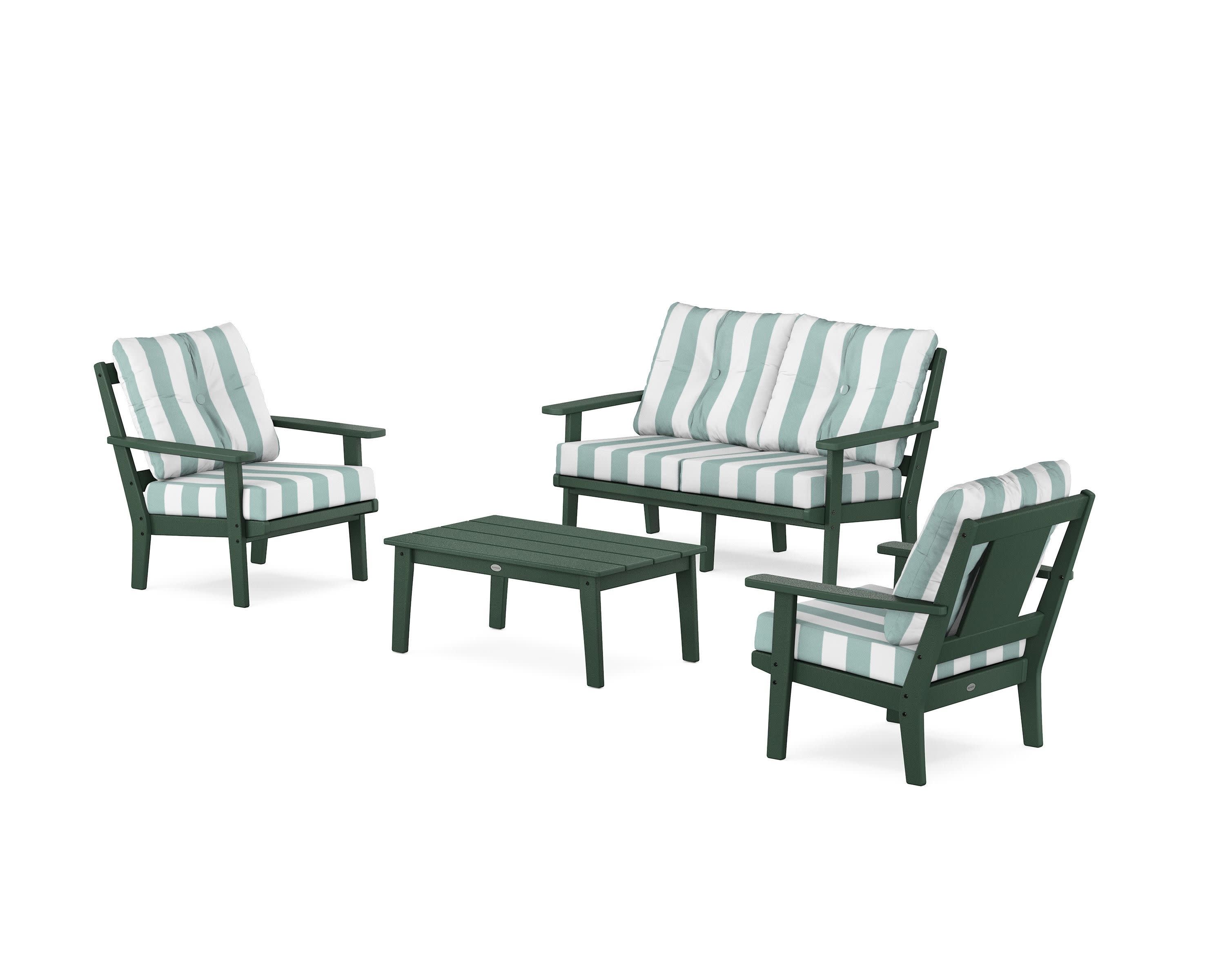 Prairie 4-Piece Deep Seating Set with Loveseat in Green / Cabana Stripe Glacier Spa