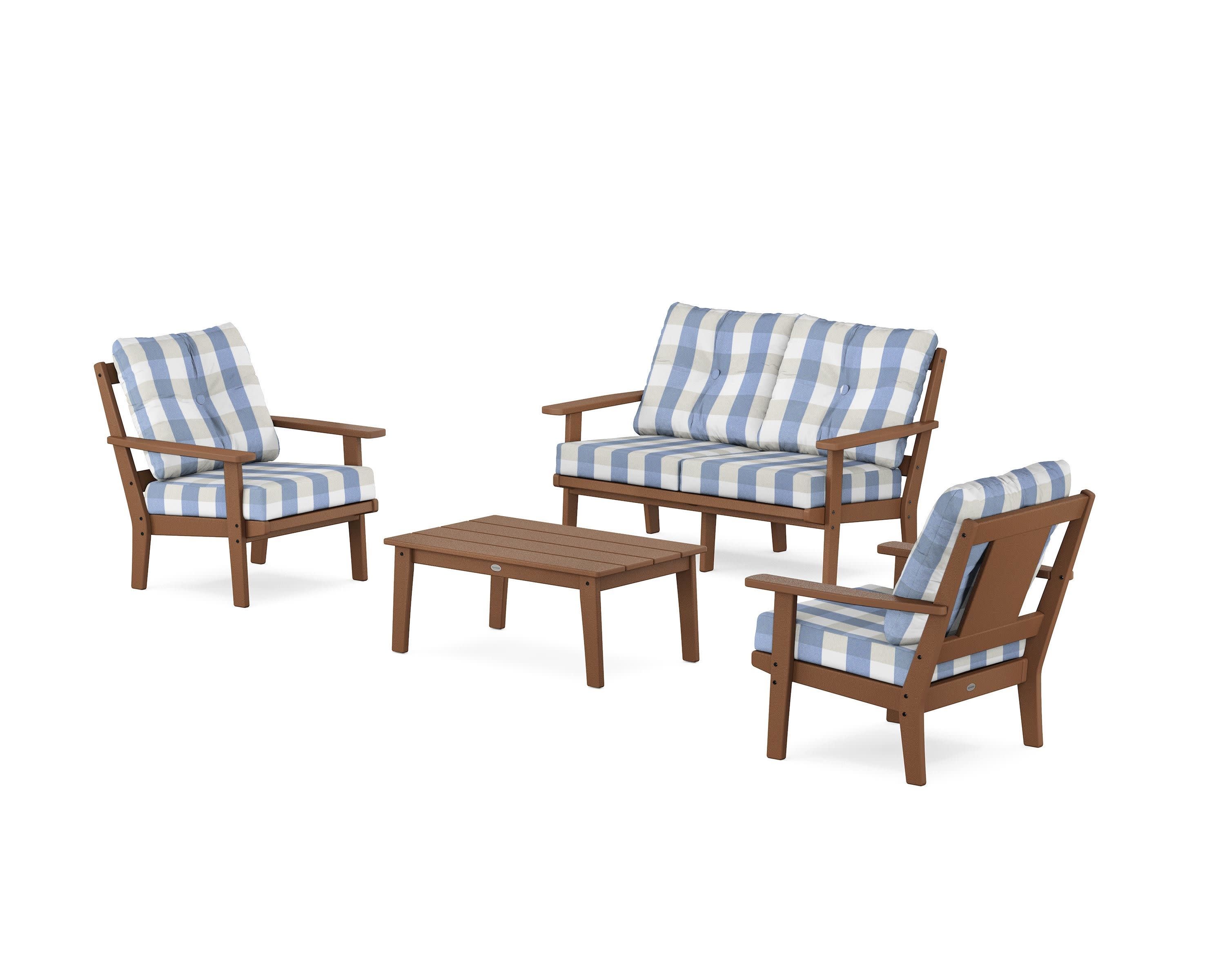 Prairie 4-Piece Deep Seating Set with Loveseat in Teak / Buffalo Plaid Sky Blue