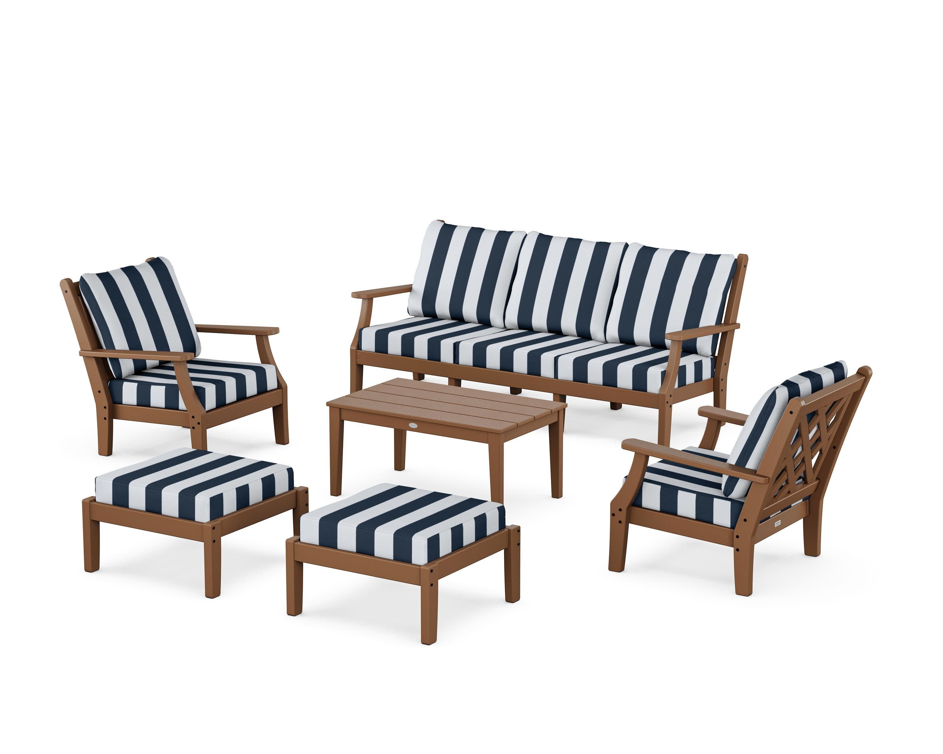 Wovendale 6-Piece Lounge Sofa Set in Teak / Cabana Stripe Marine Indigo