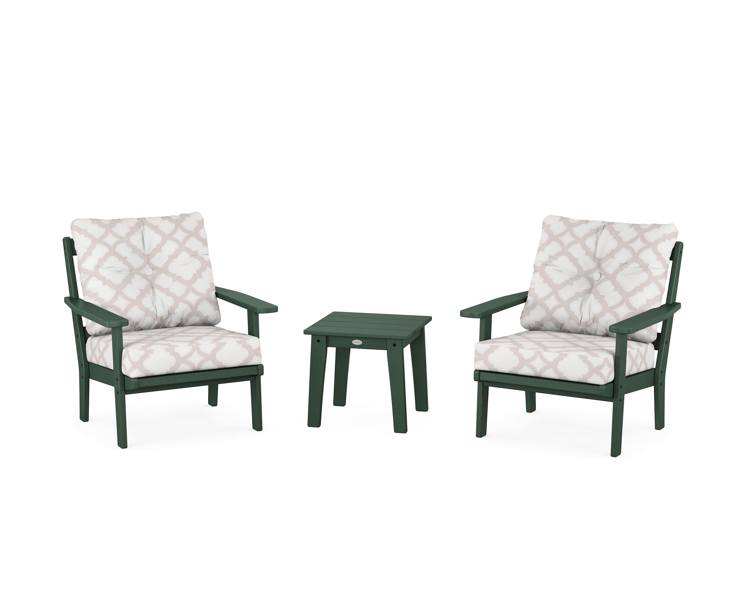 Prairie 3-Piece Deep Seating Set in Green / Trellis Dune Burlap