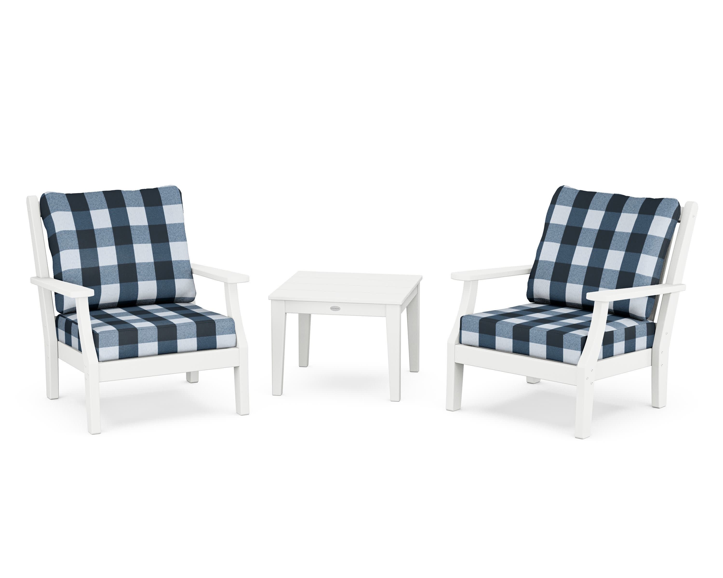 Wovendale 3-Piece Deep Seating Set in White / Buffalo Plaid Marine Indigo