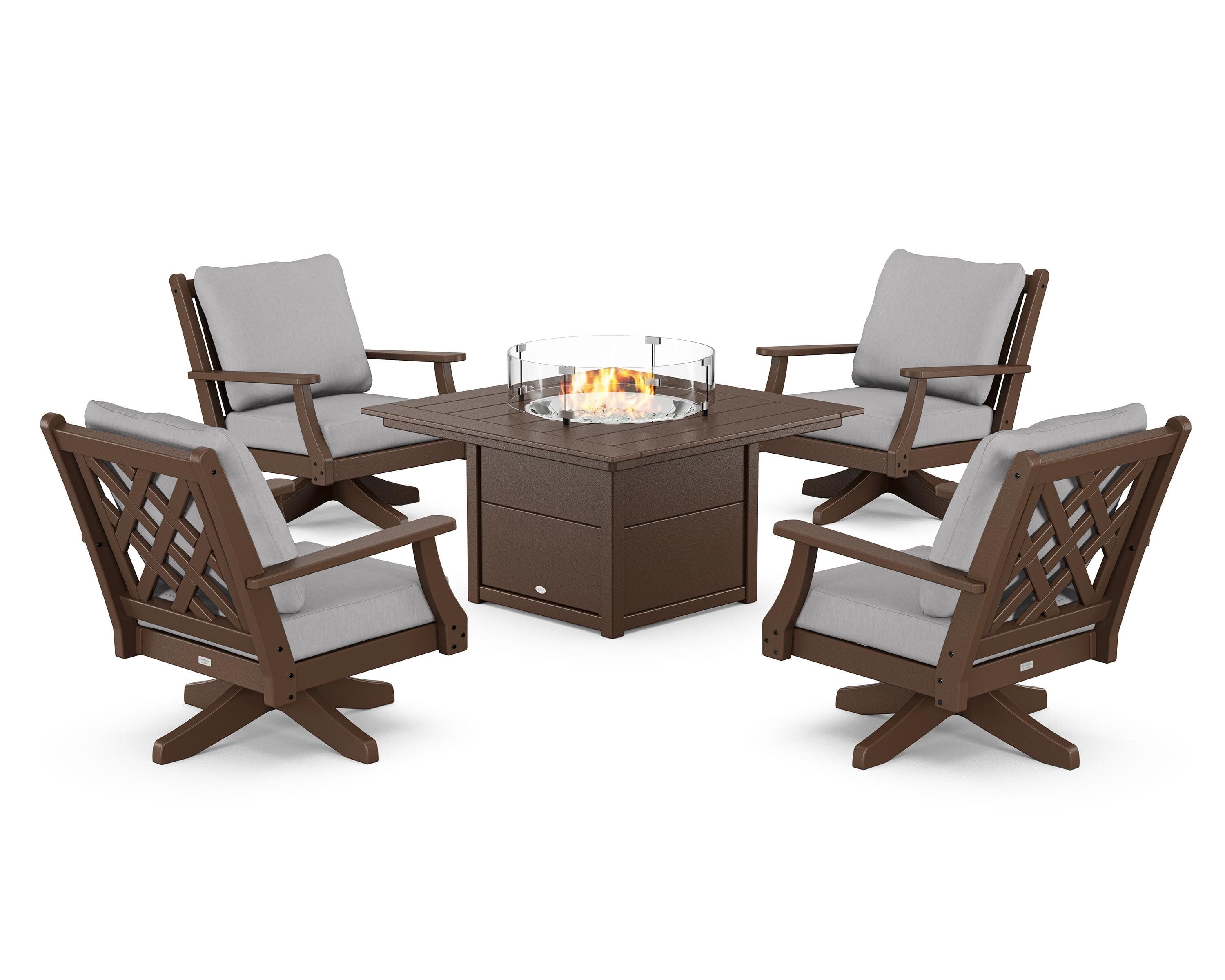 Wovendale 5-Piece Deep Seating Swivel Conversation Set with Fire Pit Table in Mahogany / Granite