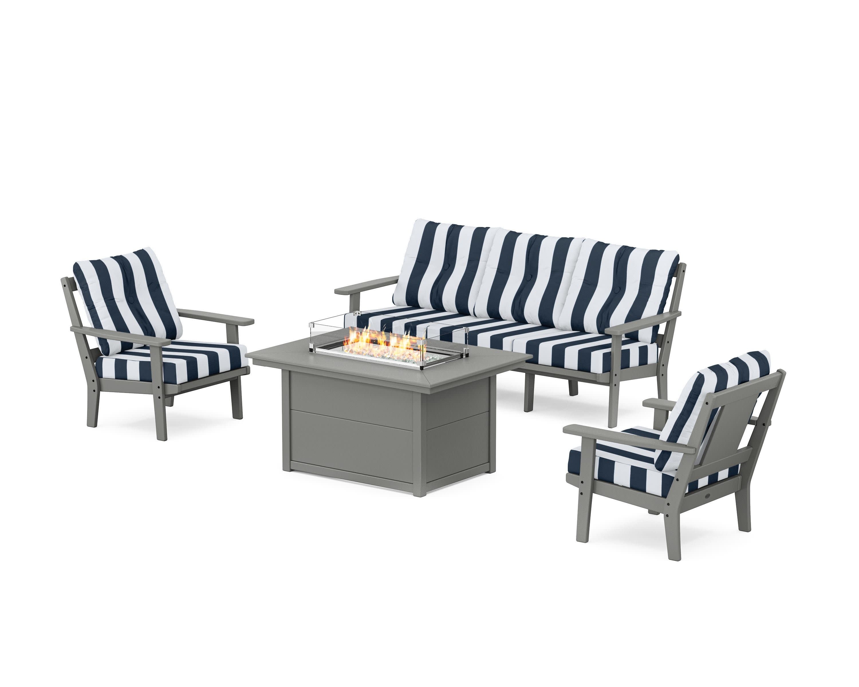 Prairie Deep Seating Fire Pit Table Set in Slate Grey / Cabana Stripe Marine Indigo