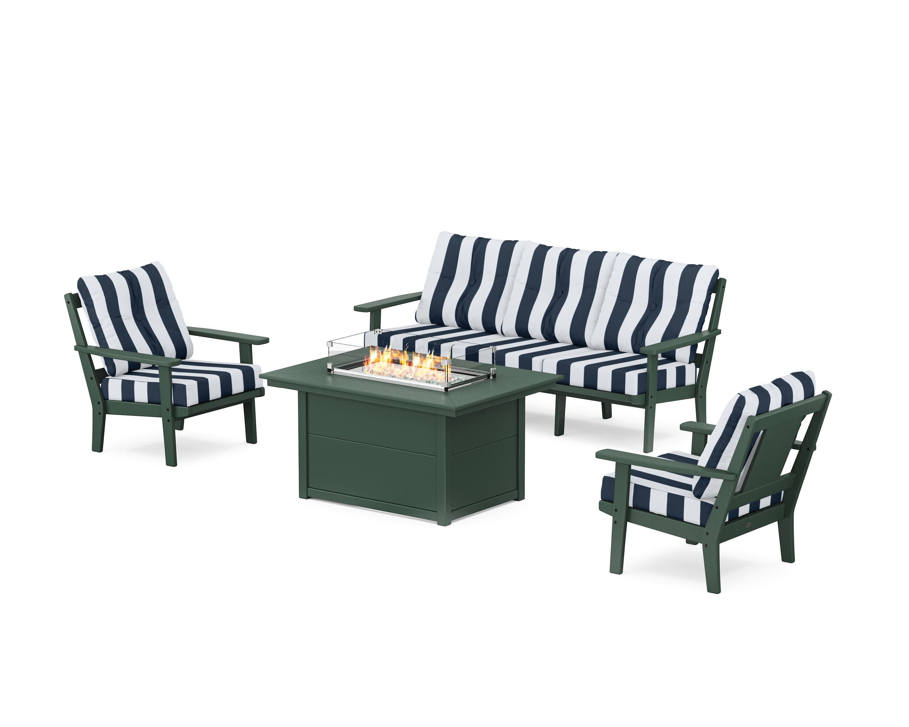 Prairie Deep Seating Fire Pit Table Set in Green / Cabana Stripe Marine Indigo