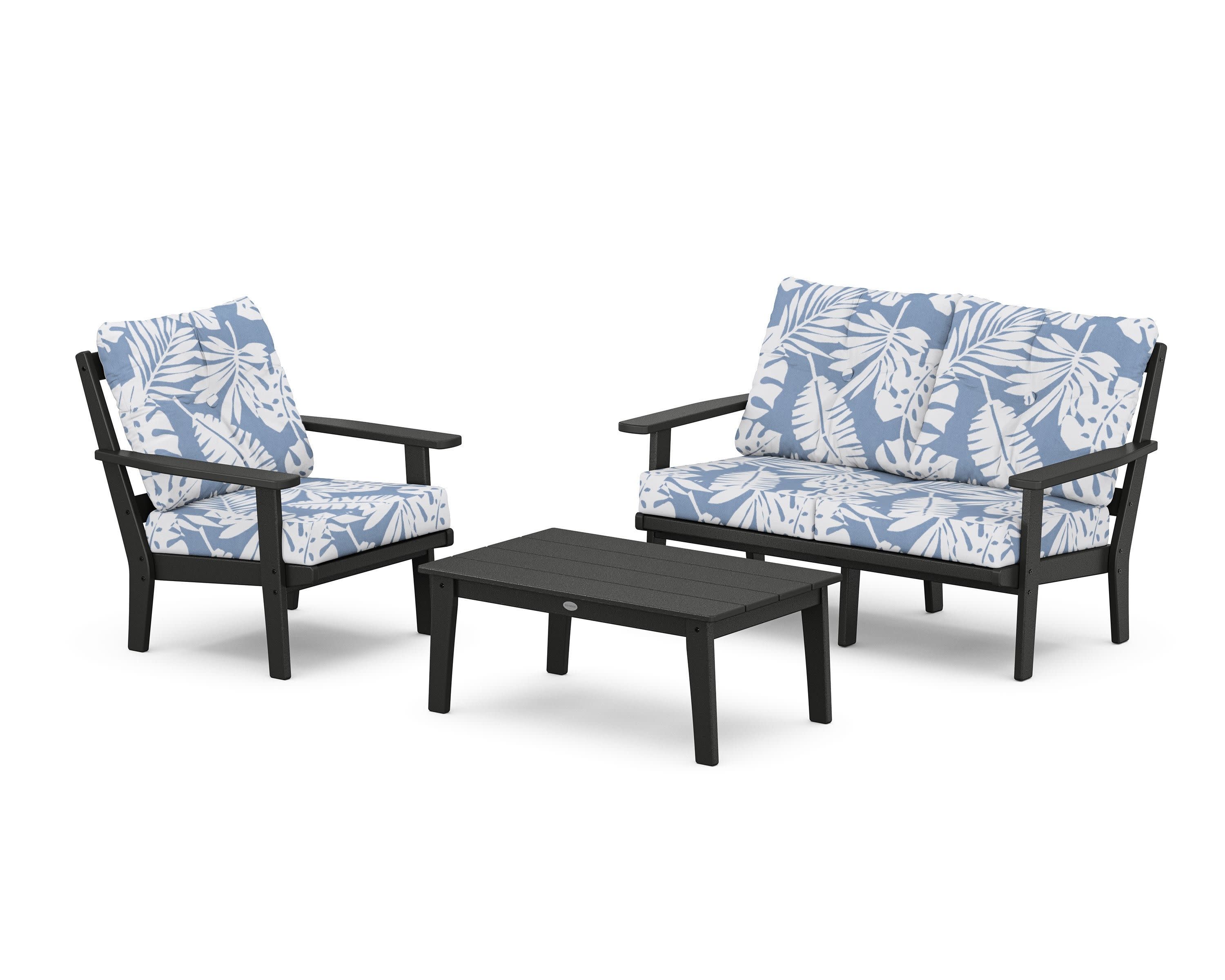 Prairie 3-Piece Deep Seating Set with Loveseat in Black / Leaf Sky Blue