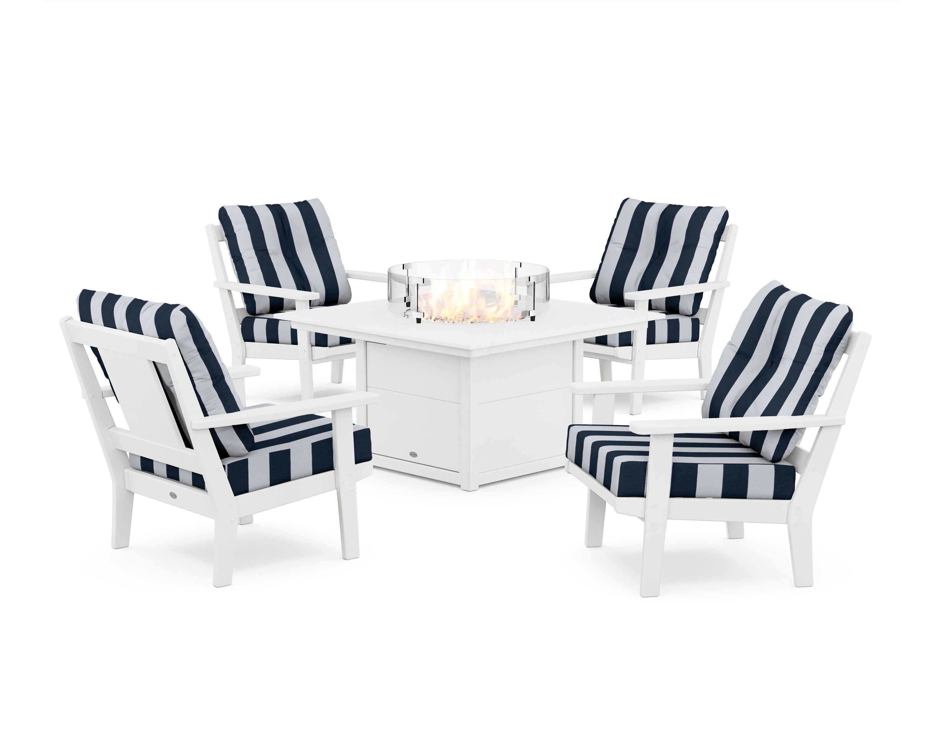 Prairie 5-Piece Deep Seating Set with Fire Pit Table in White / Cabana Stripe Marine Indigo