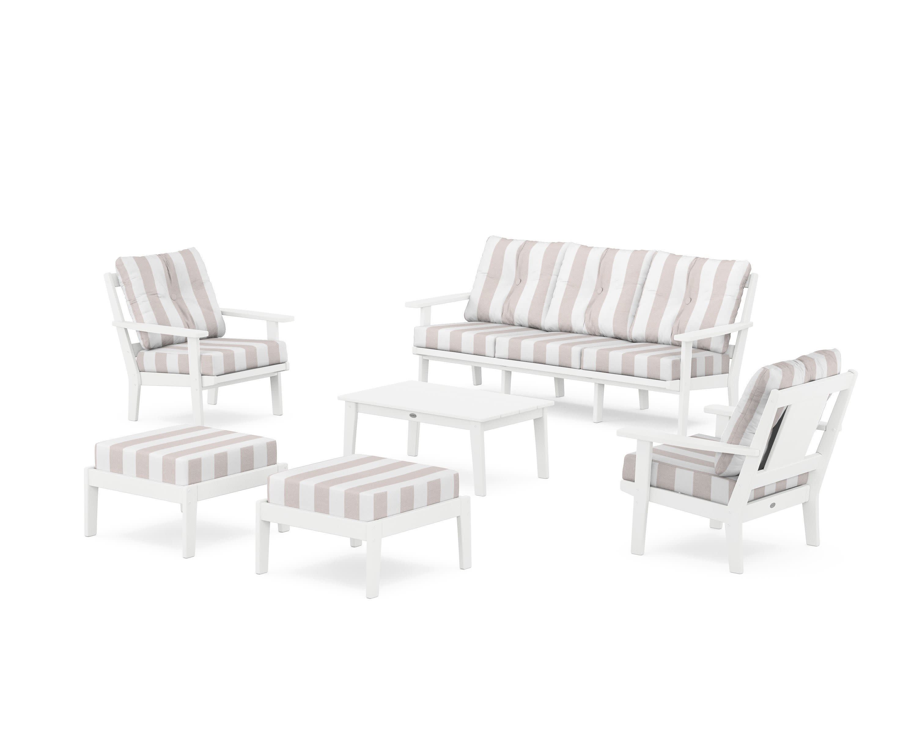 Prairie 6-Piece Lounge Sofa Set in White / Cabana Stripe Dune Burlap