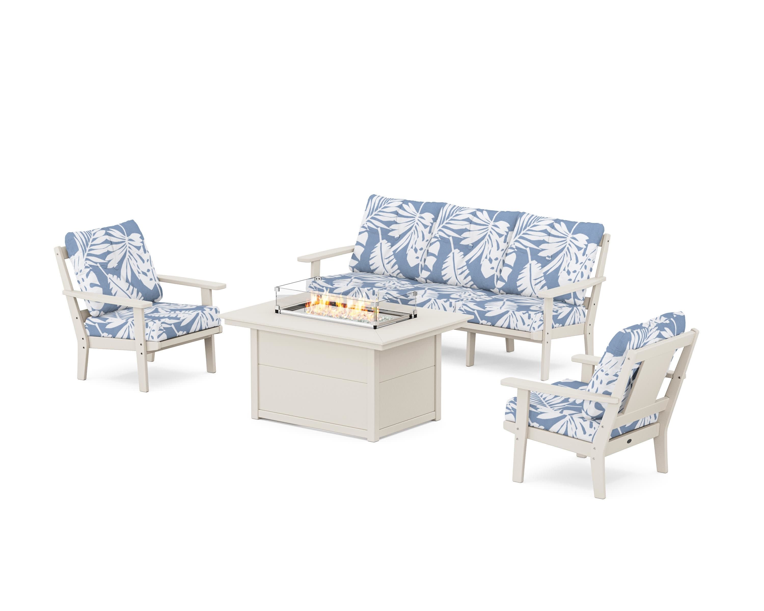 Prairie Deep Seating Fire Pit Table Set in Sand / Leaf Sky Blue