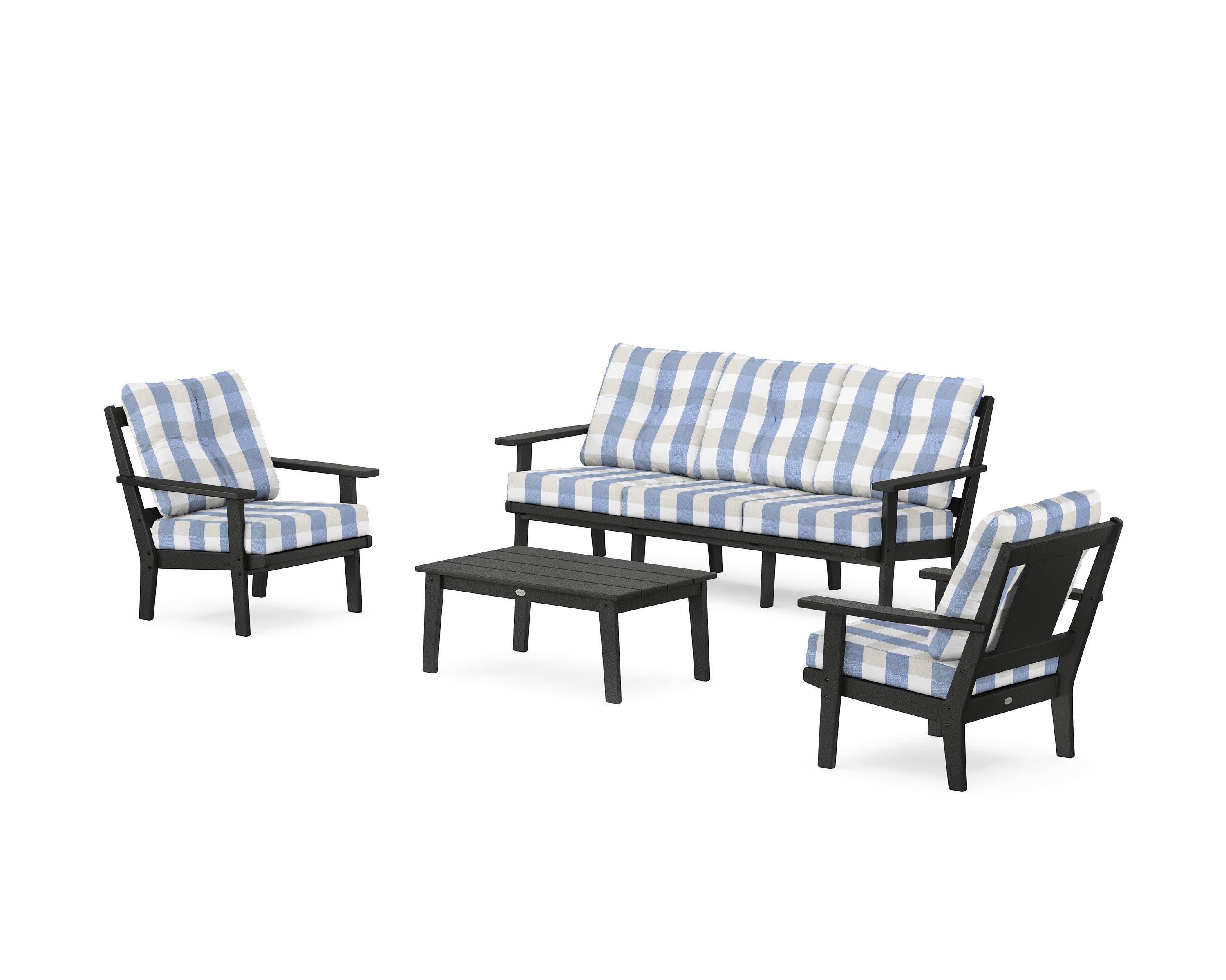 Prairie 4-Piece Deep Seating Set with Sofa in Black / Buffalo Plaid Sky Blue