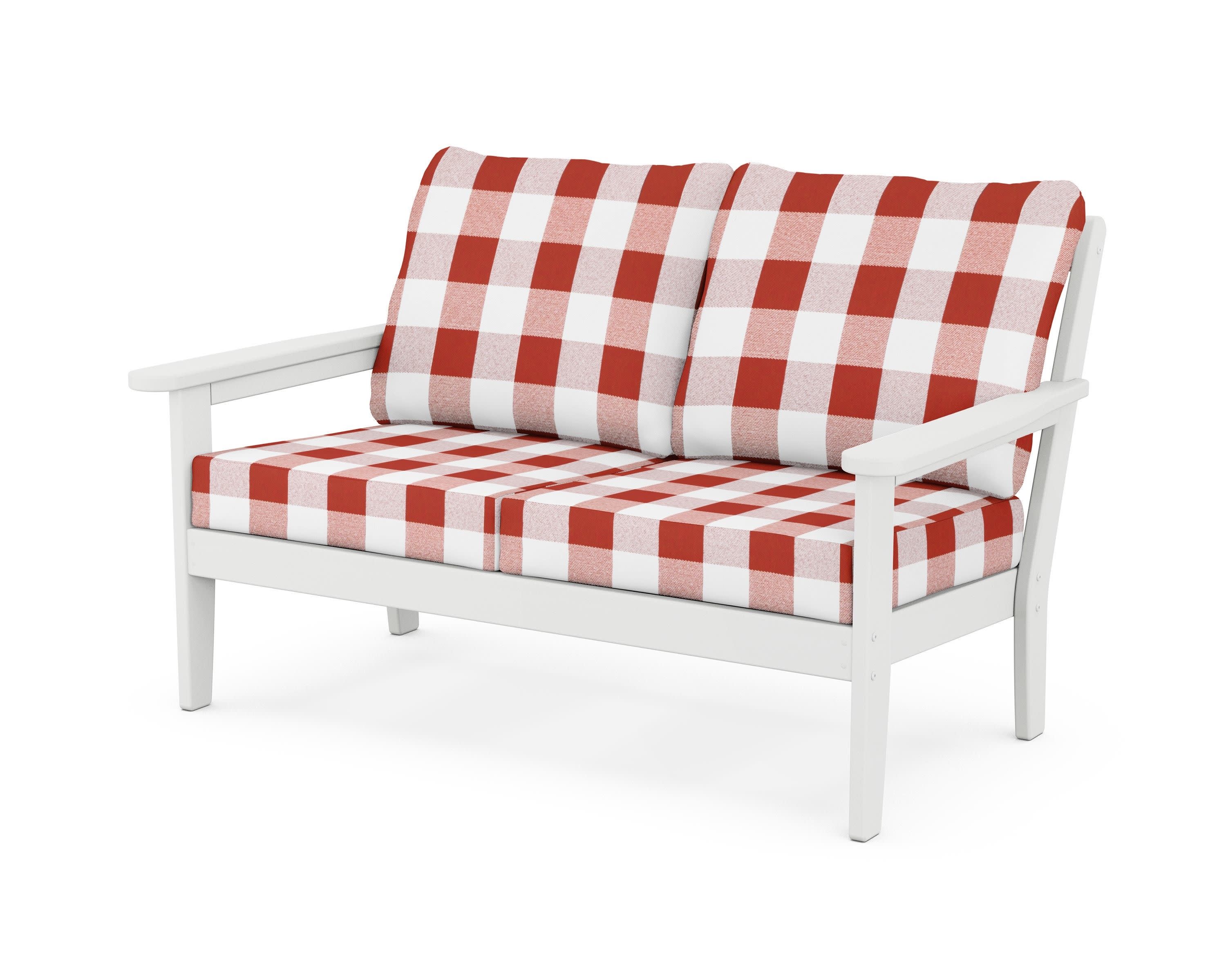 Cottage Deep Seating Loveseat in White / Buffalo Plaid Crimson