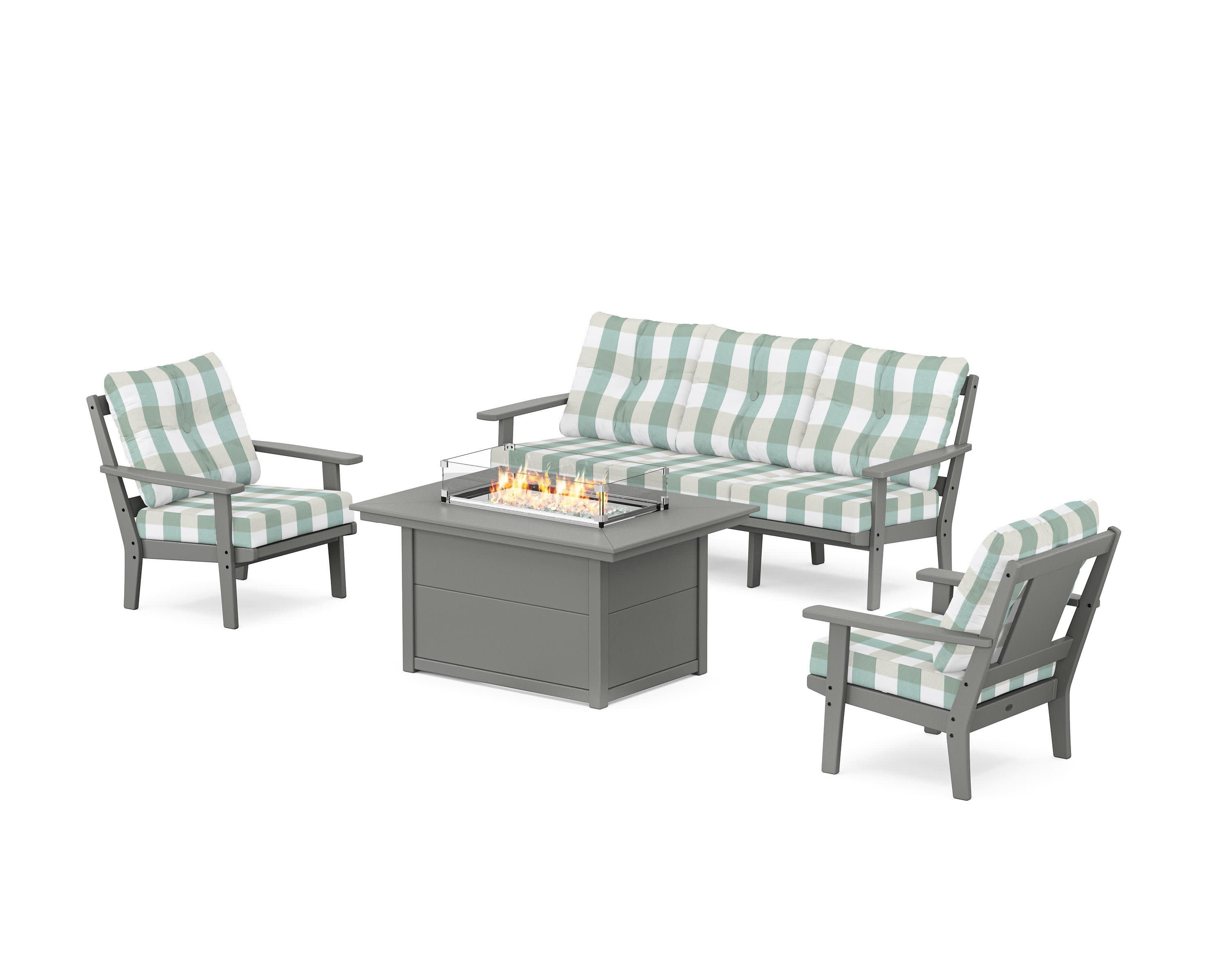 Prairie Deep Seating Fire Pit Table Set in Slate Grey / Buffalo Plaid Glacier Spa