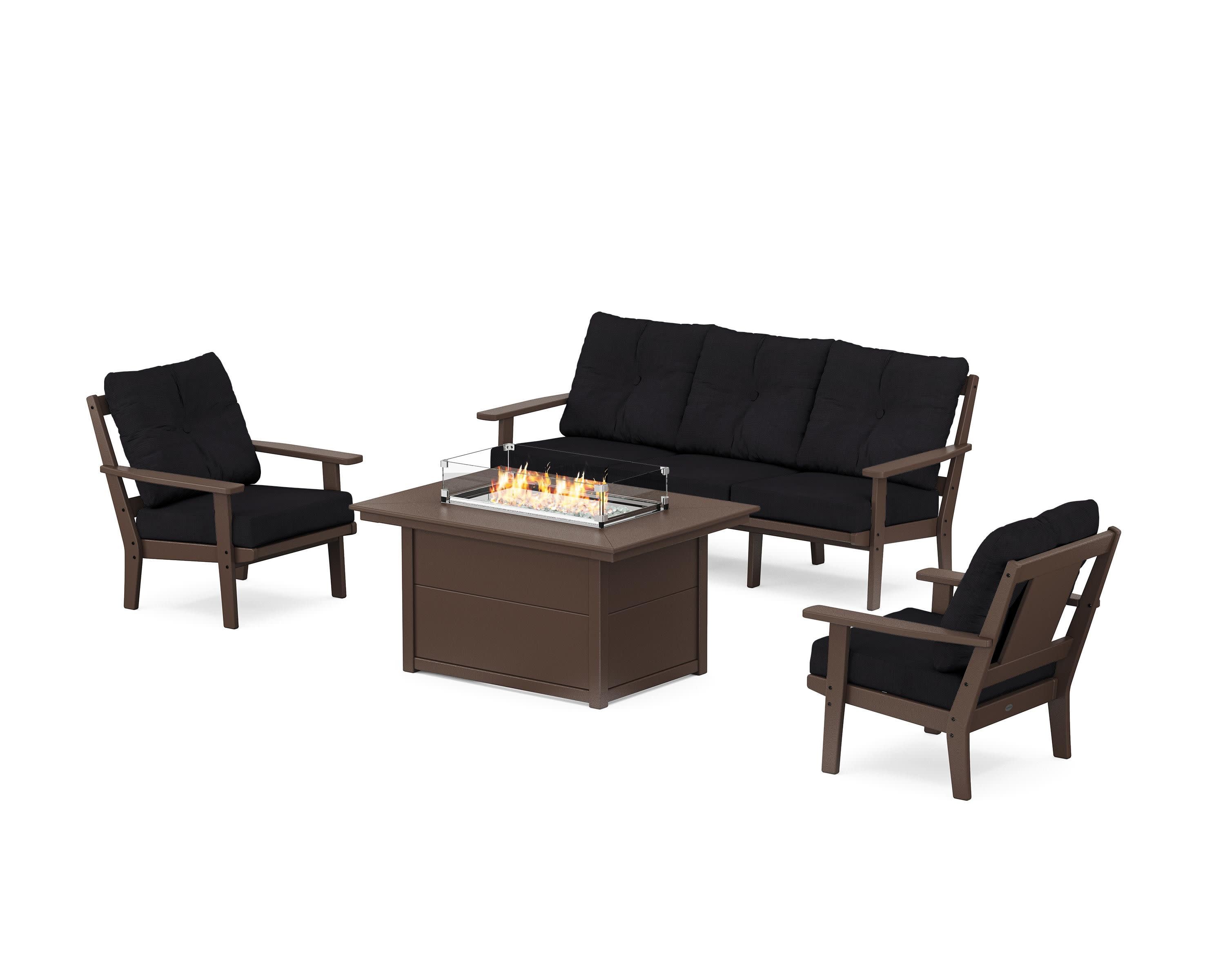 Prairie Deep Seating Fire Pit Table Set in Mahogany / Midnight Linen