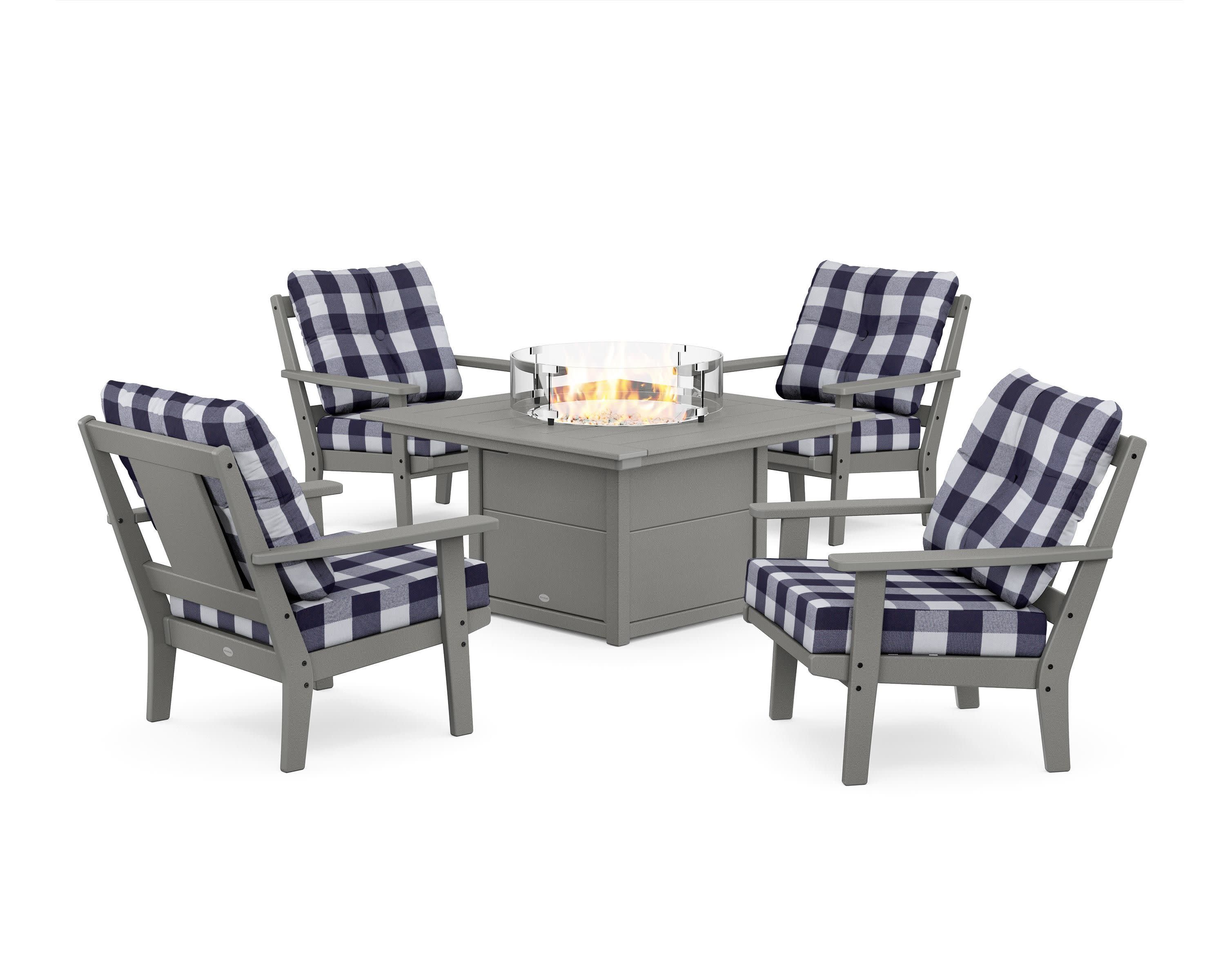 Prairie 5-Piece Deep Seating Set with Fire Pit Table in Slate Grey / Buffalo Plaid Navy