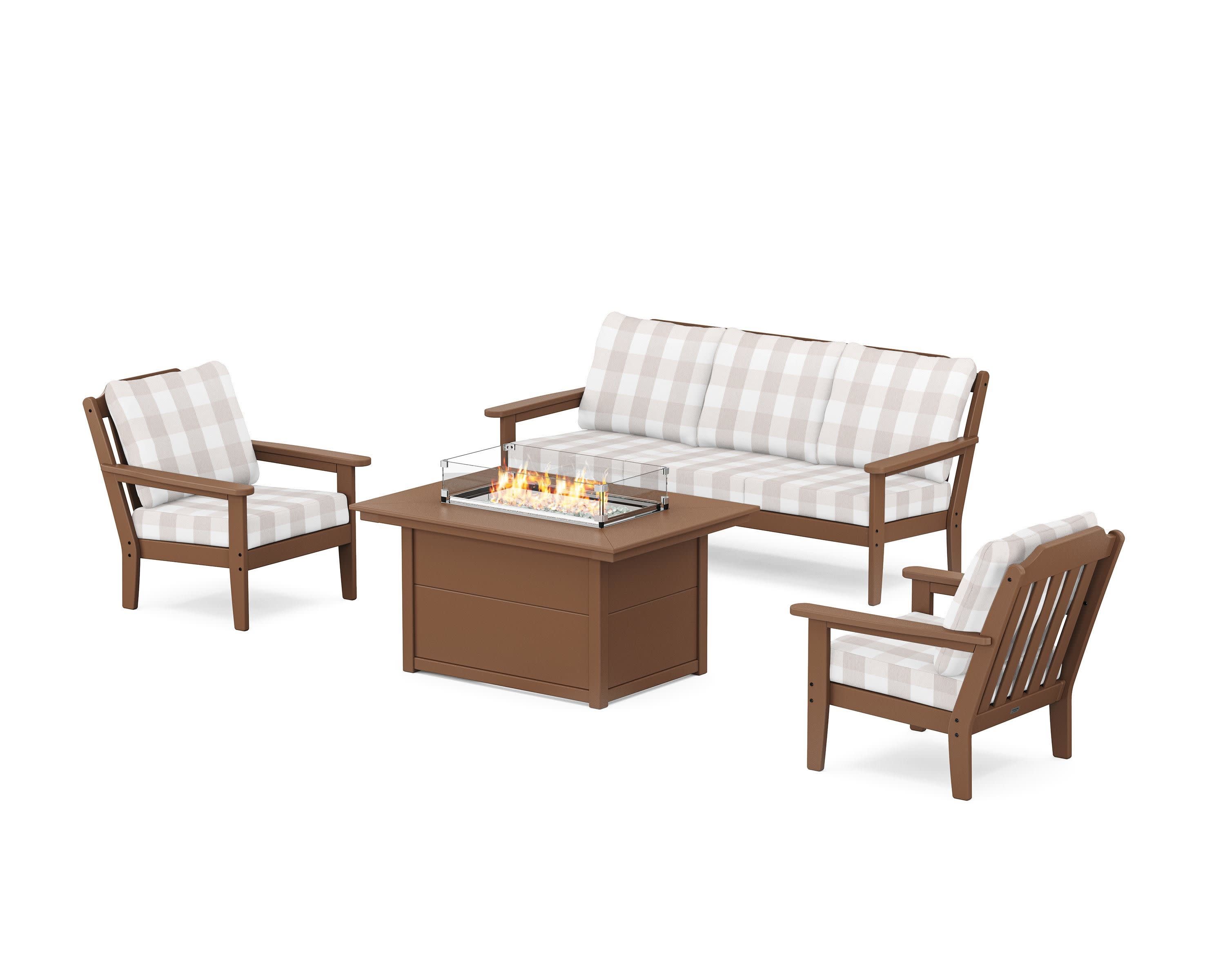 Cottage Deep Seating Fire Pit Table Set in Teak / Buffalo Plaid Dune Burlap