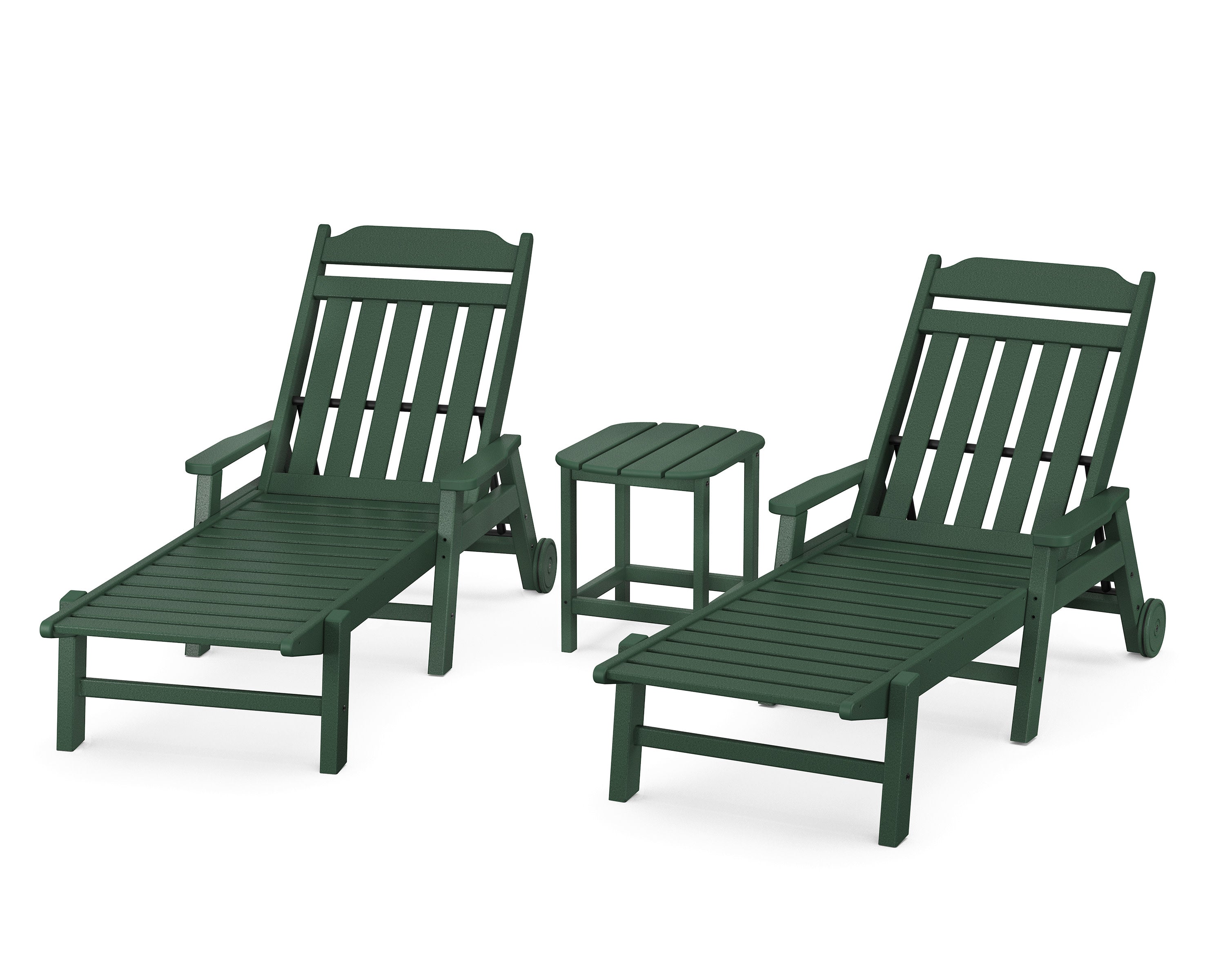Cottage 3-Piece Chaise Set with Arms and Wheels in Green