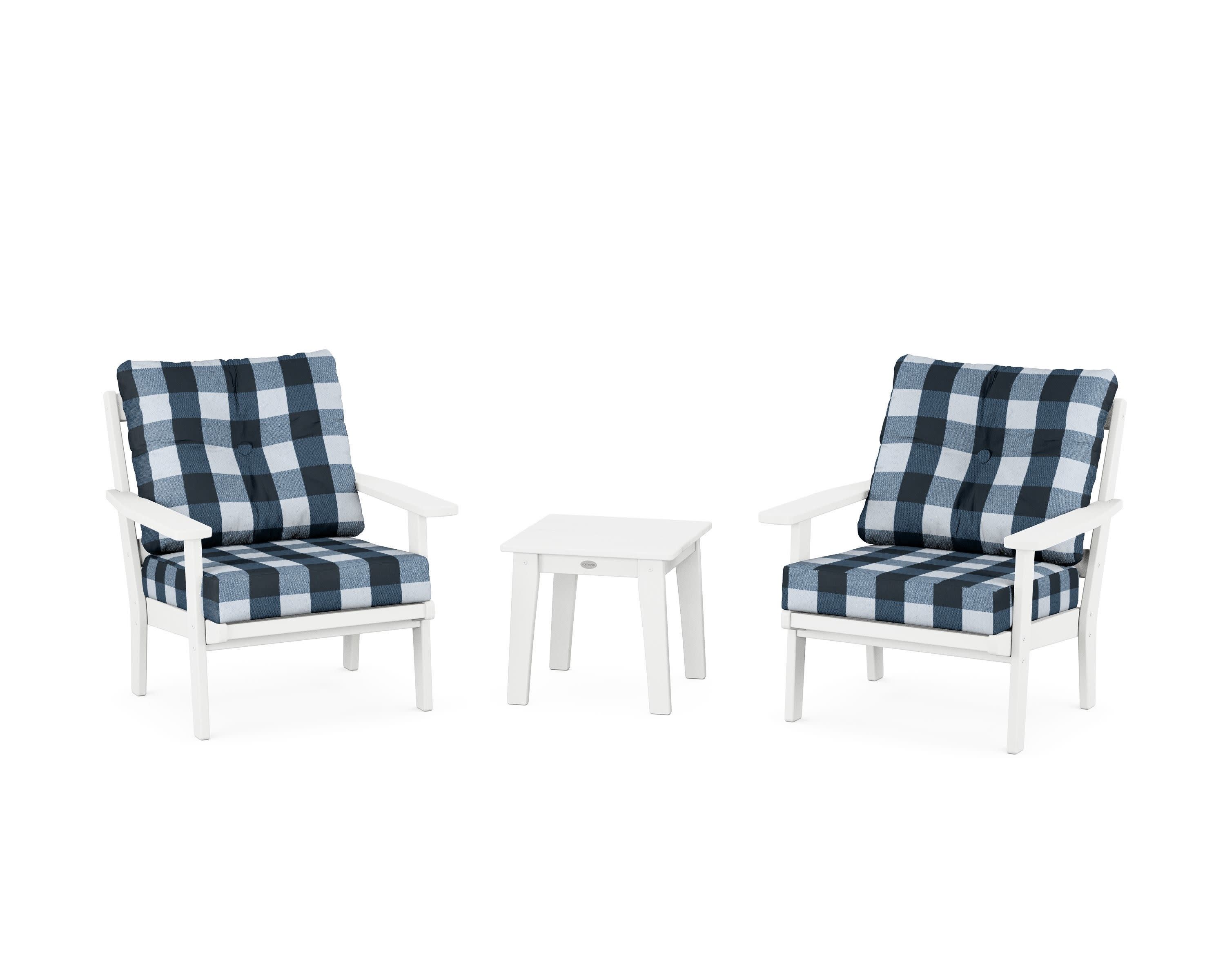 Prairie 3-Piece Deep Seating Set in White / Buffalo Plaid Marine Indigo