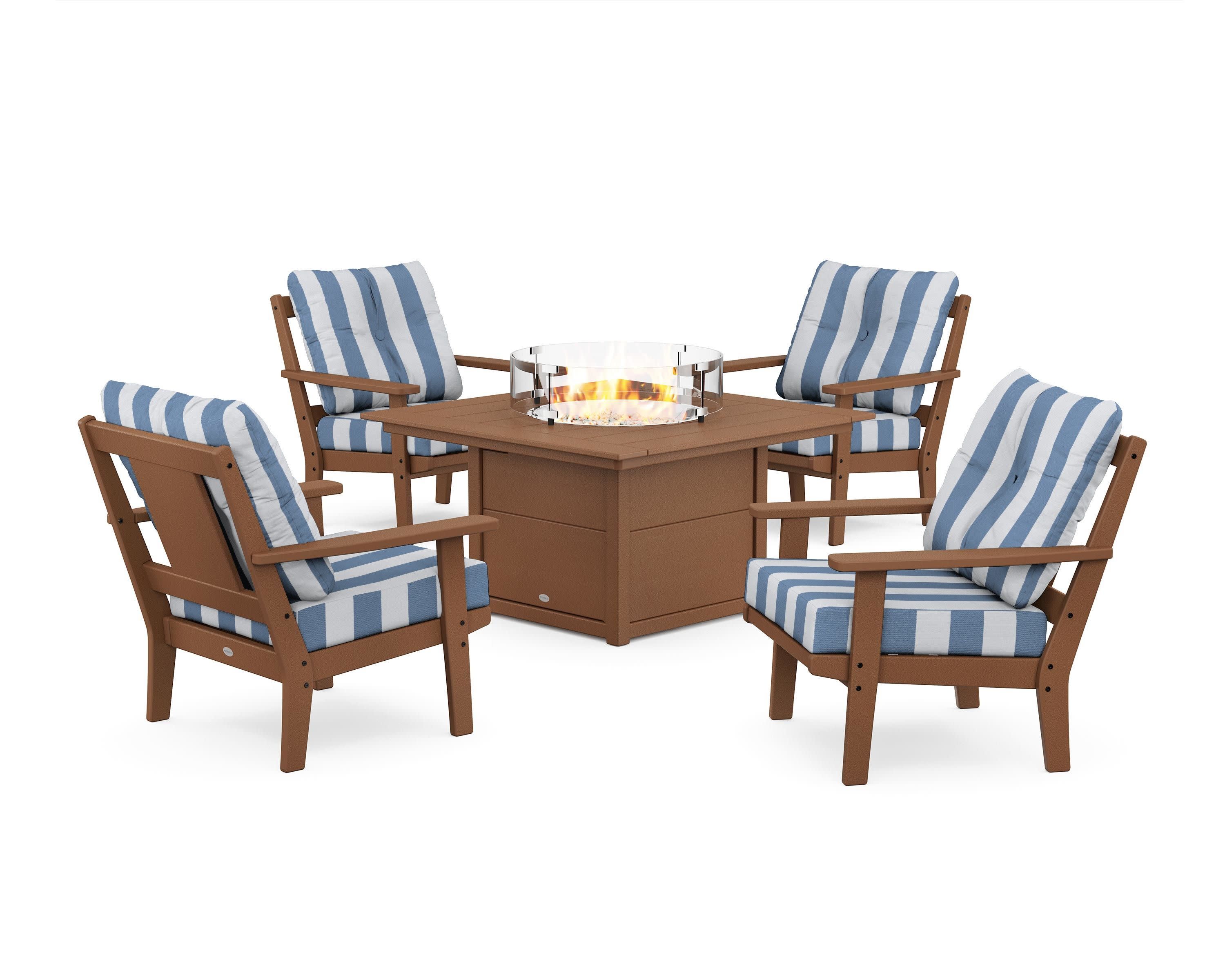 Prairie 5-Piece Deep Seating Set with Fire Pit Table in Teak / Cabana Stripe Sky Blue