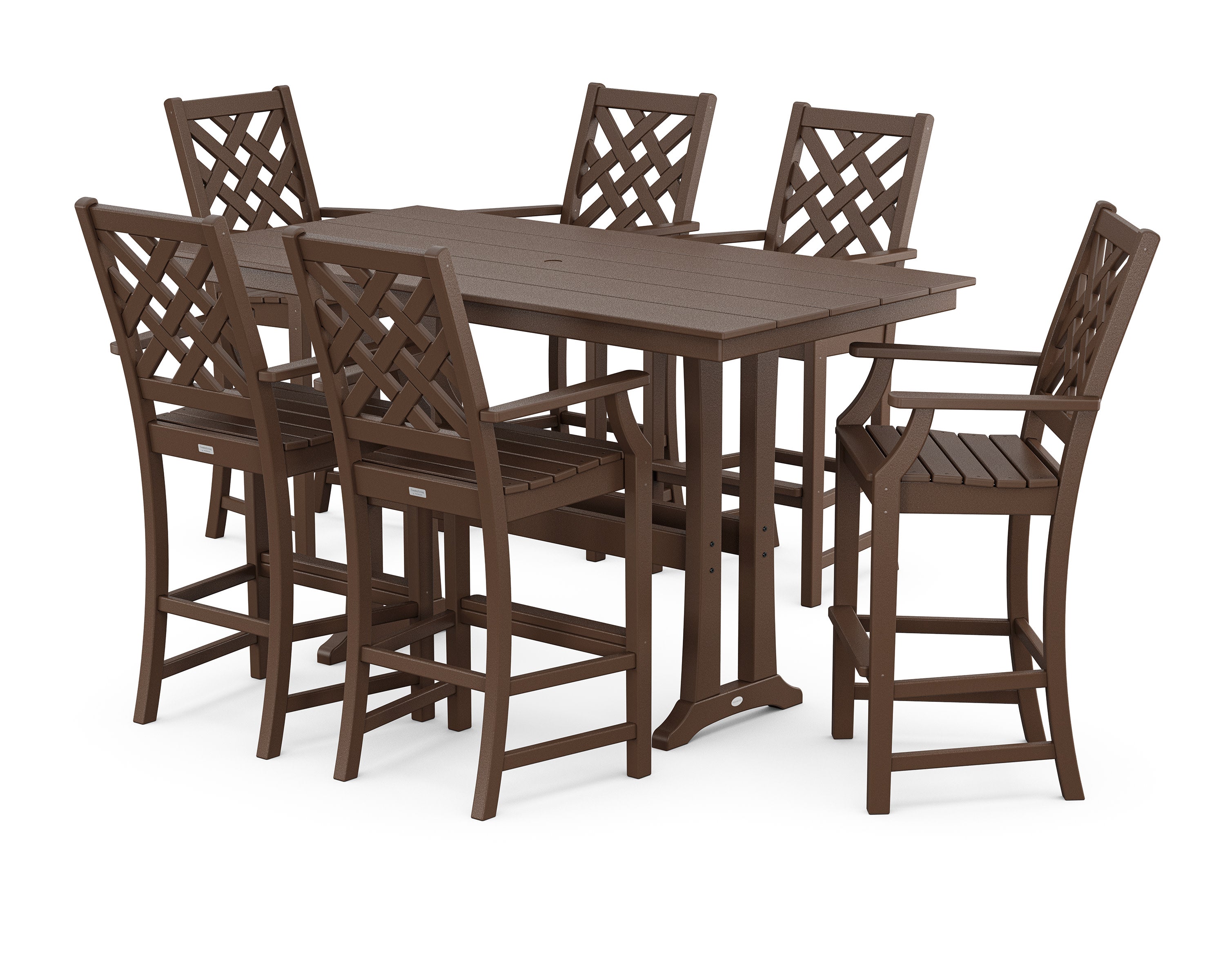 Wovendale Arm Chair 7-Piece Farmhouse Bar Set with Trestle Legs in Mahogany