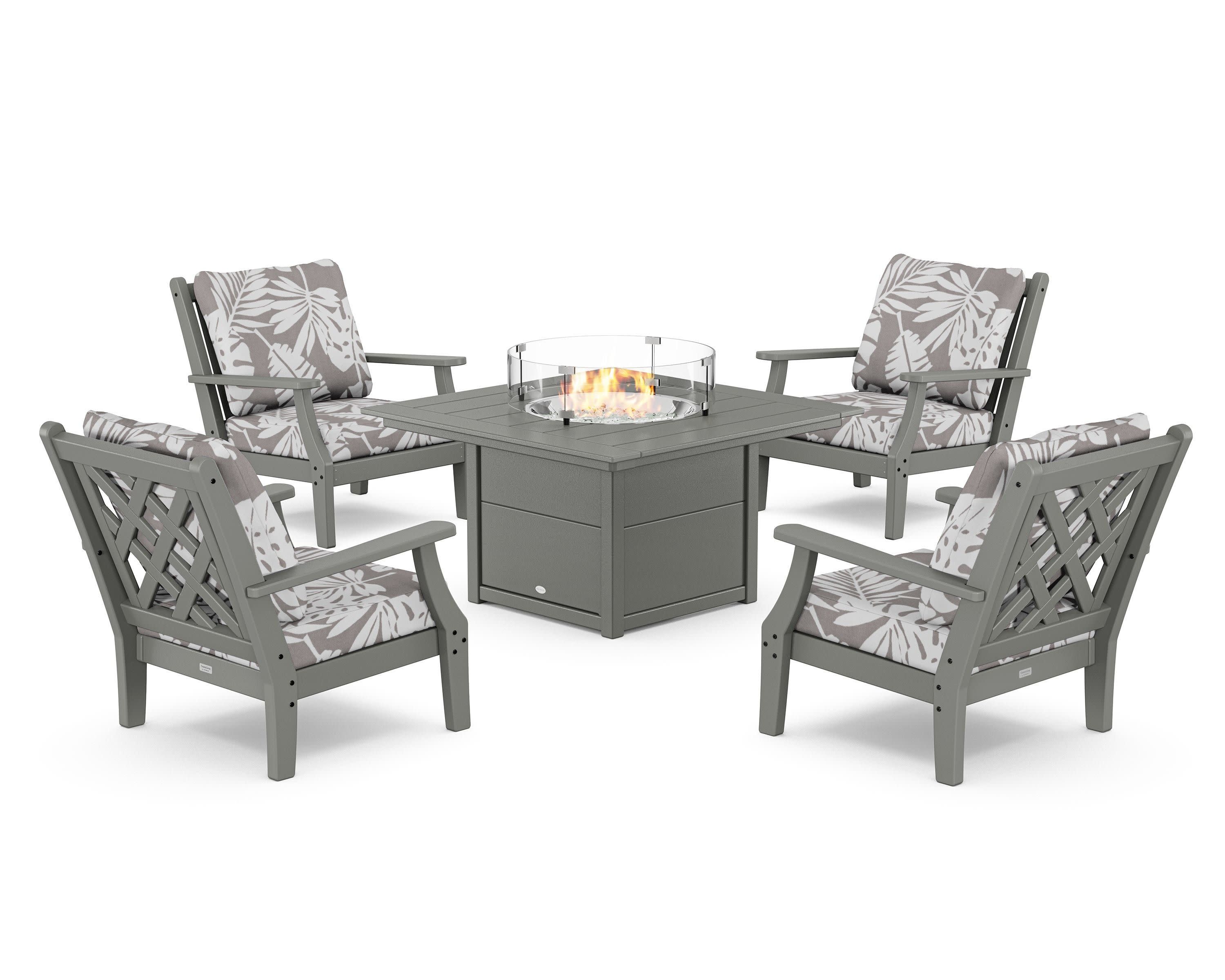 Wovendale 5-Piece Deep Seating Set with Fire Pit Table in Slate Grey / Leaf Grey Mist