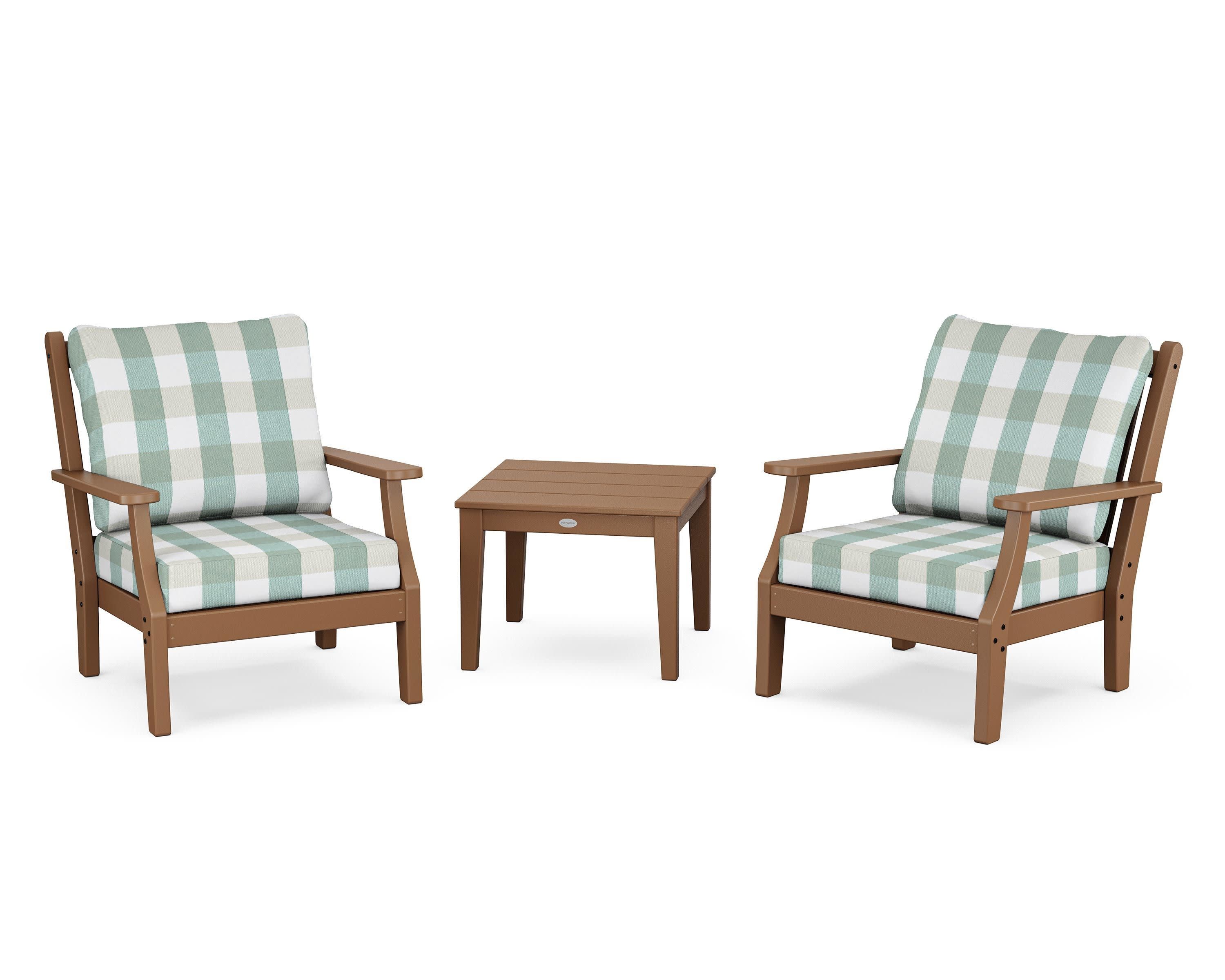 Wovendale 3-Piece Deep Seating Set in Teak / Buffalo Plaid Glacier Spa