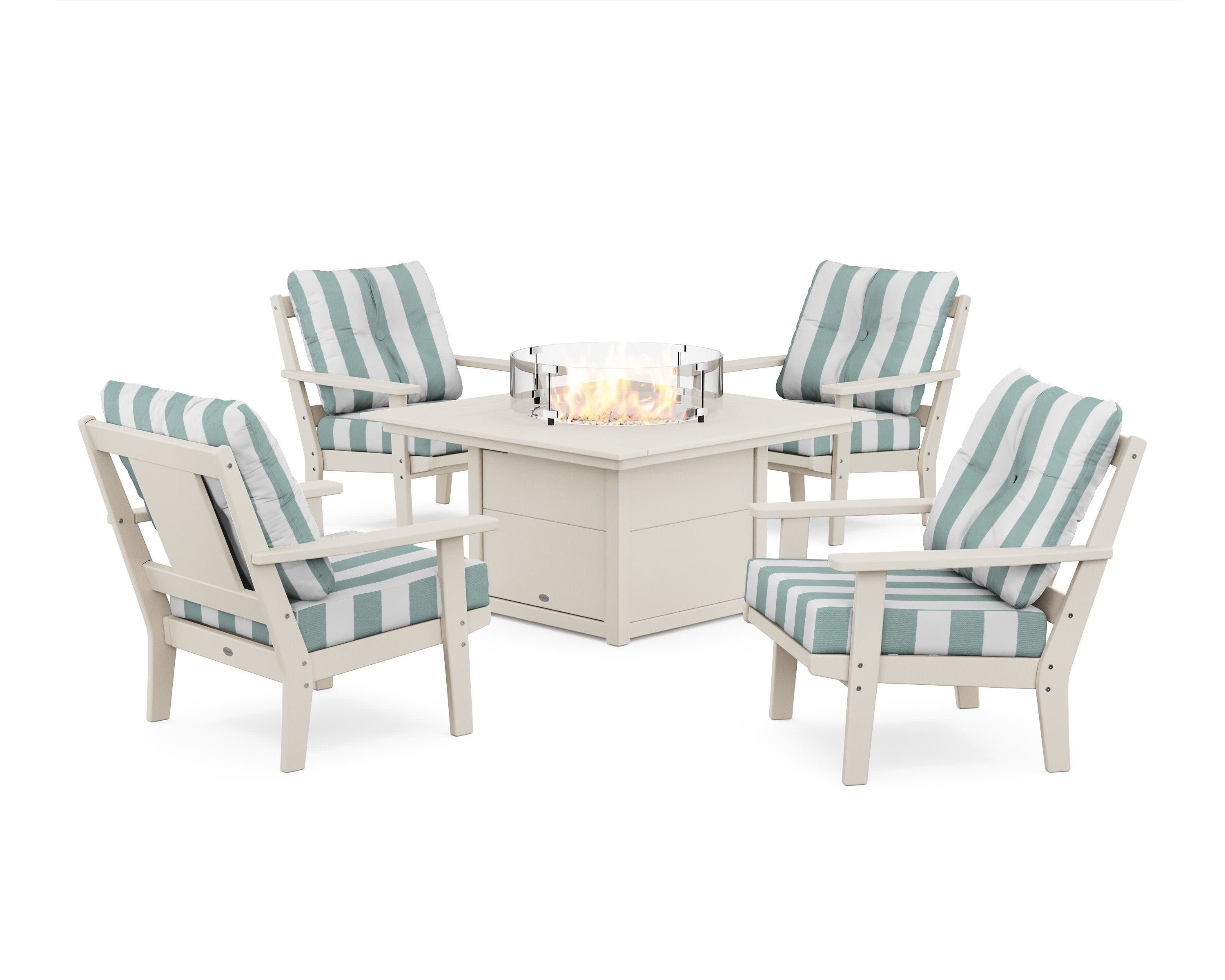 Prairie 5-Piece Deep Seating Set with Fire Pit Table in Sand / Cabana Stripe Glacier Spa