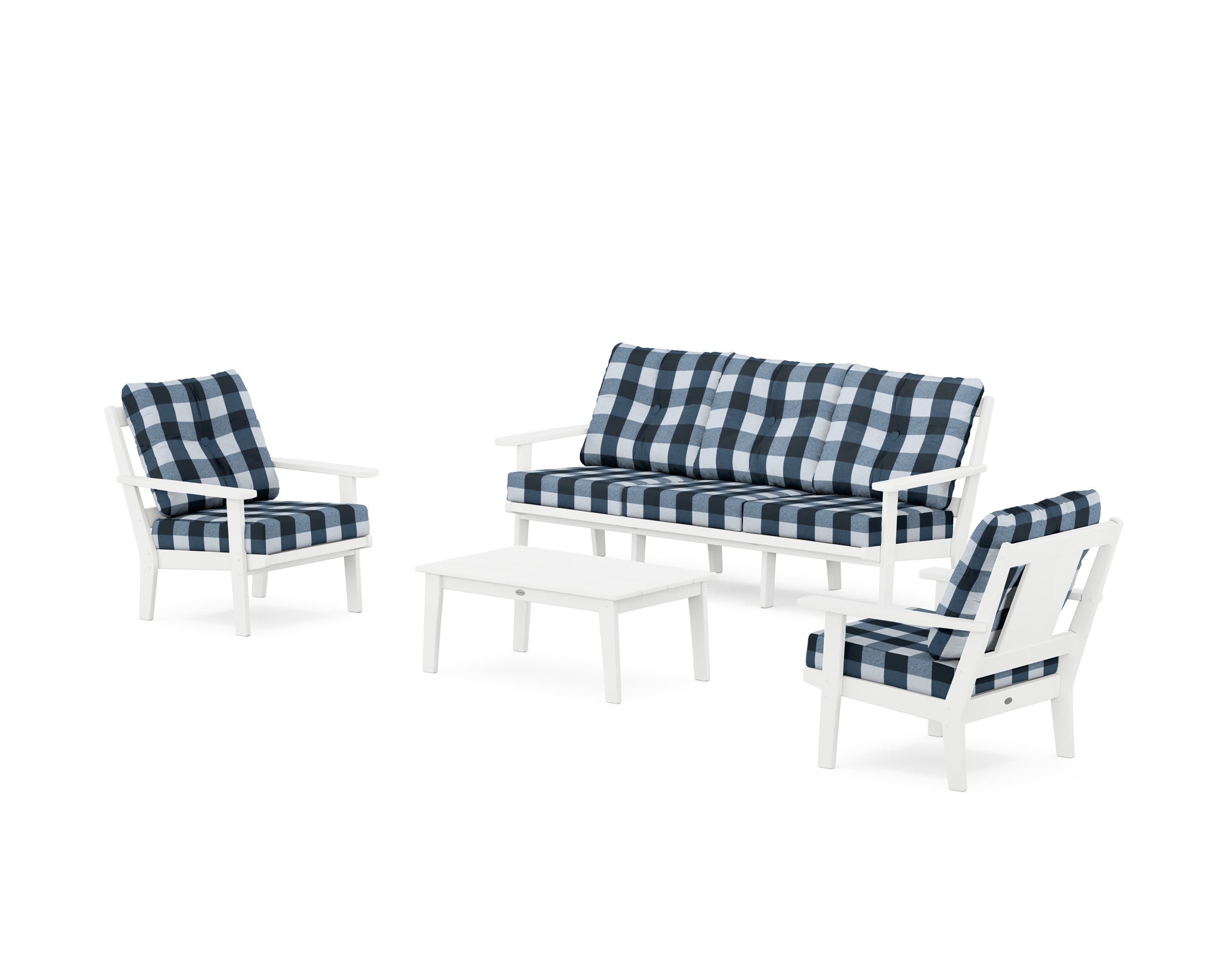 Prairie 4-Piece Deep Seating Set with Sofa in White / Buffalo Plaid Marine Indigo
