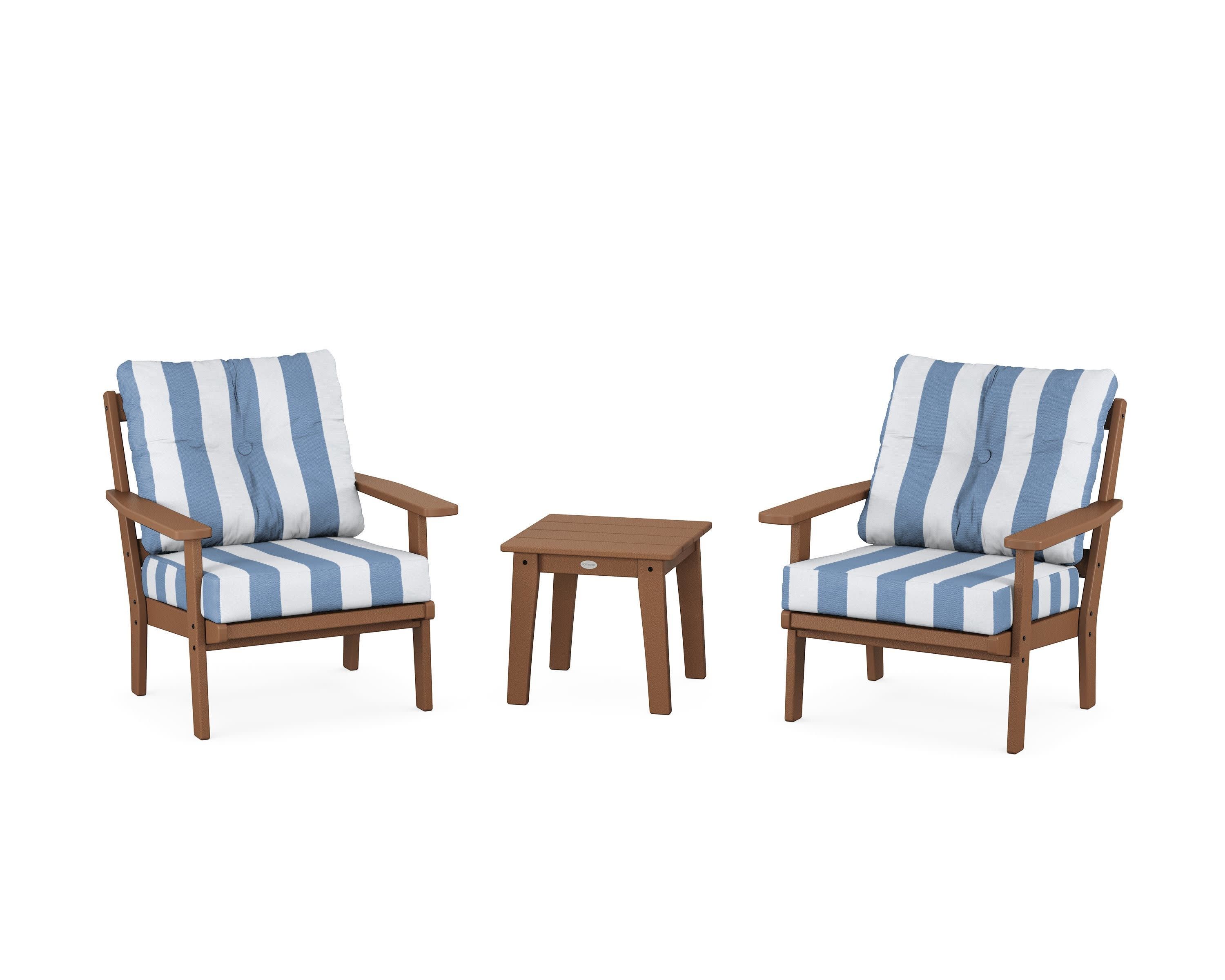 Prairie 3-Piece Deep Seating Set in Teak / Cabana Stripe Sky Blue
