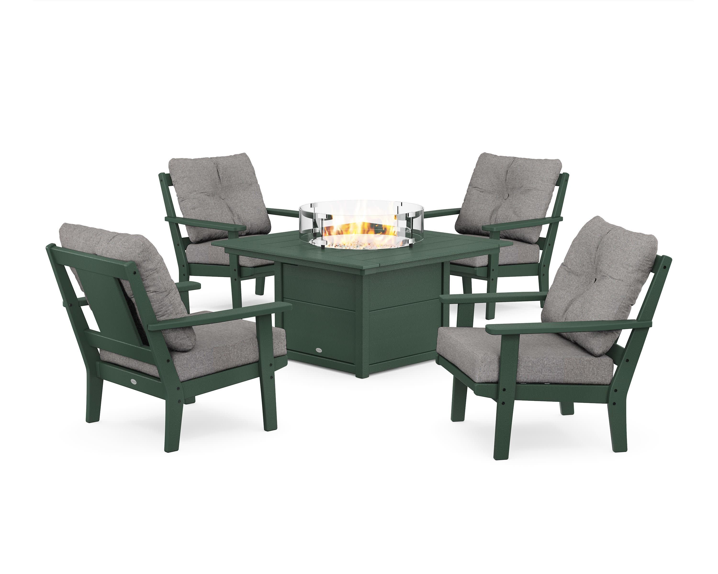 Prairie 5-Piece Deep Seating Set with Fire Pit Table in Green / Grey Mist