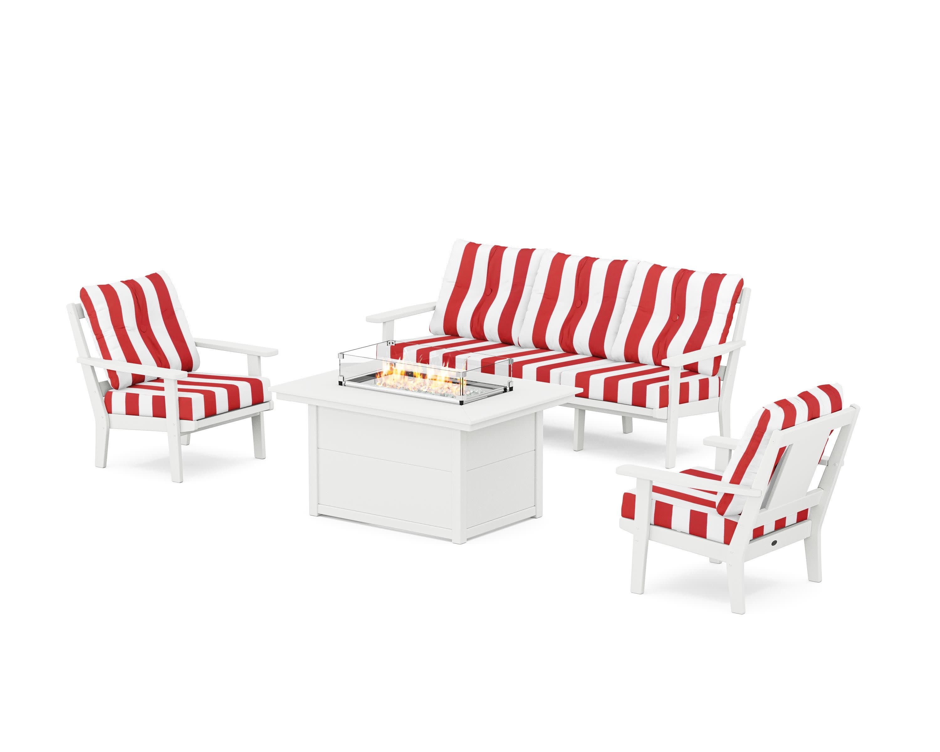 Prairie Deep Seating Fire Pit Table Set in White / Cabana Stripe Crimson