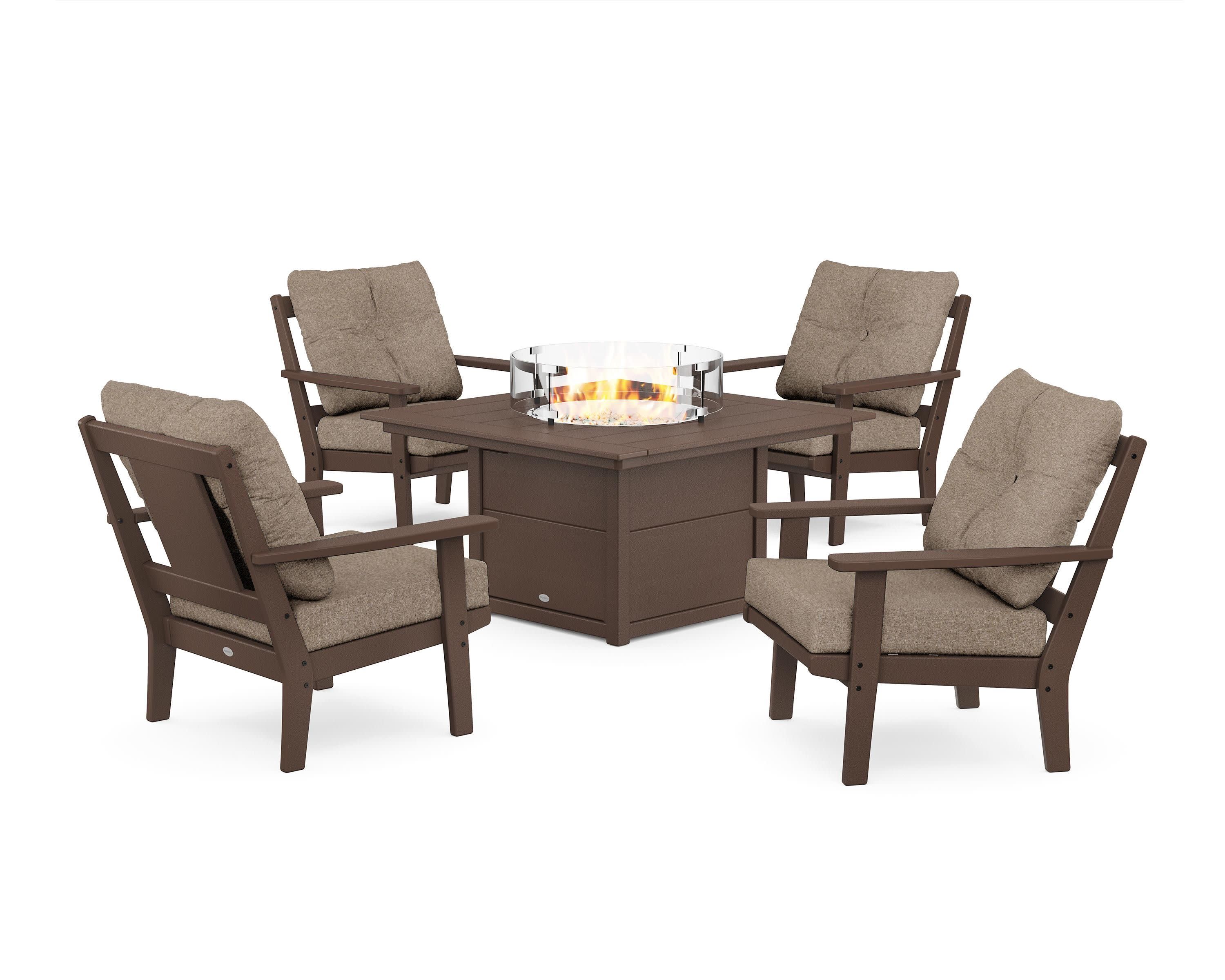 Prairie 5-Piece Deep Seating Set with Fire Pit Table in Mahogany / Spiced Burlap