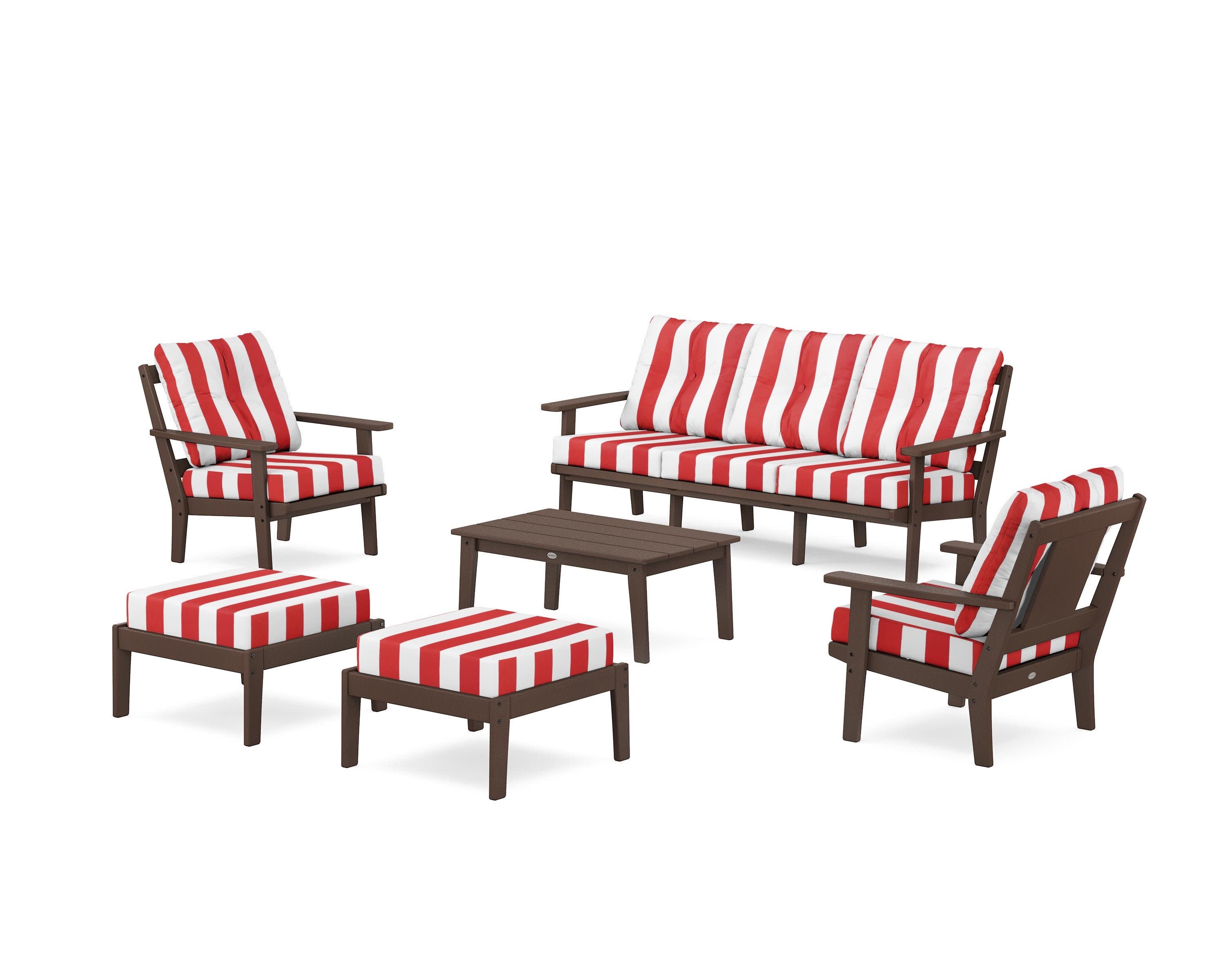 Prairie 6-Piece Lounge Sofa Set in Mahogany / Cabana Stripe Crimson