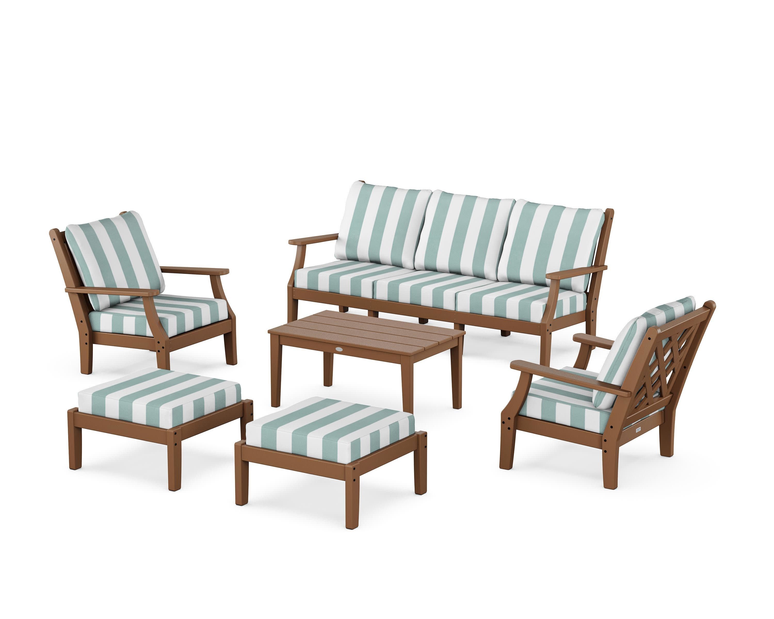 Wovendale 6-Piece Lounge Sofa Set in Teak / Cabana Stripe Glacier Spa