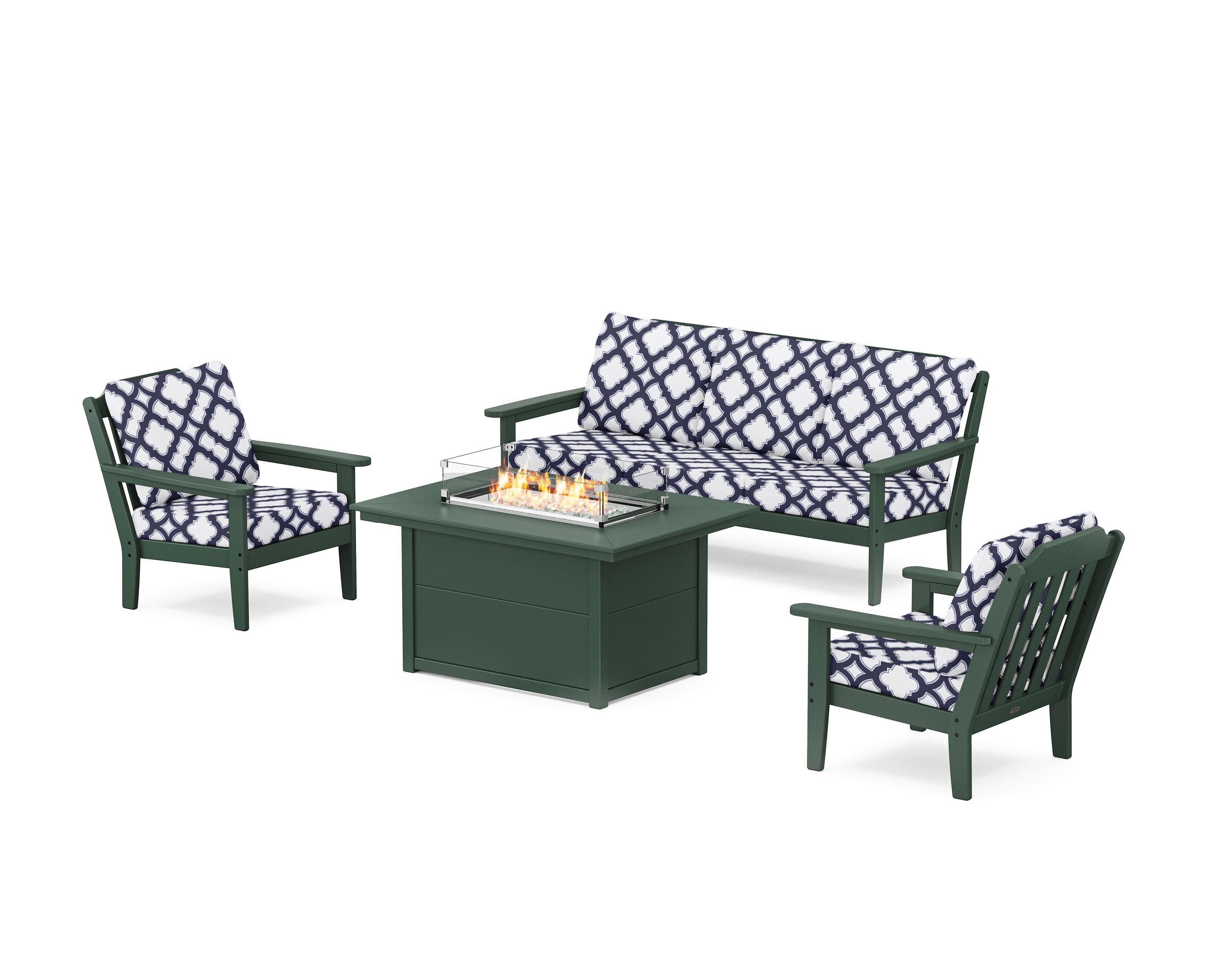 Cottage Deep Seating Fire Pit Table Set in Green / Trellis Navy
