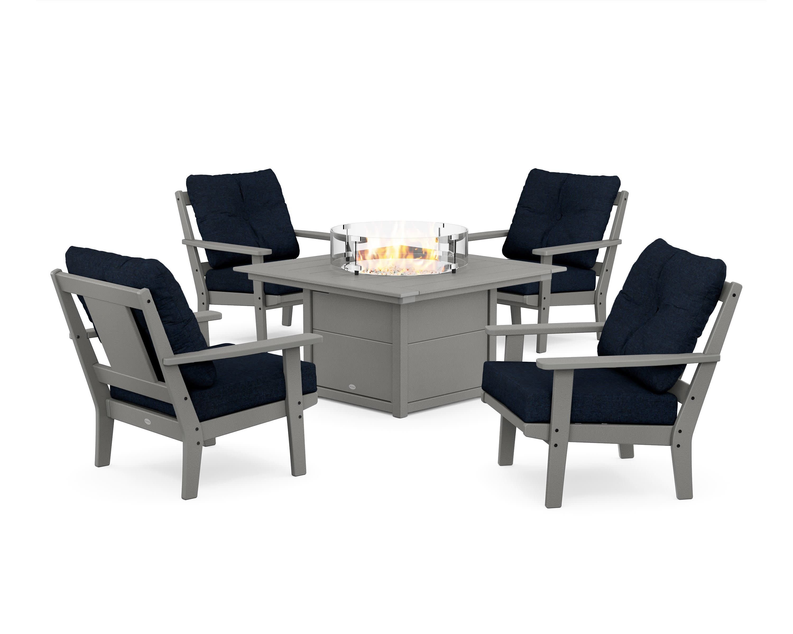 Prairie 5-Piece Deep Seating Set with Fire Pit Table in Slate Grey / Marine Indigo