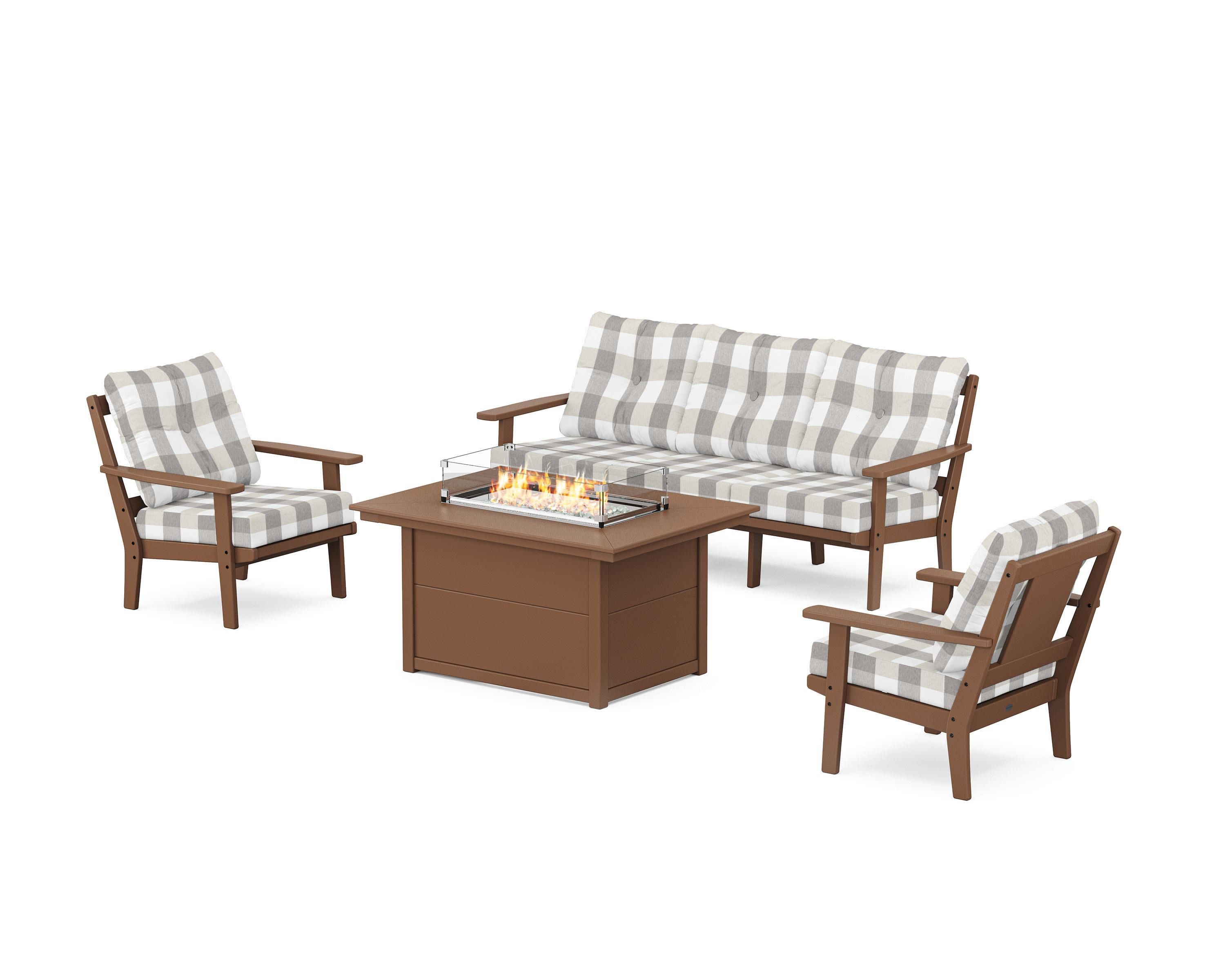Prairie Deep Seating Fire Pit Table Set in Teak / Buffalo Plaid Grey Mist
