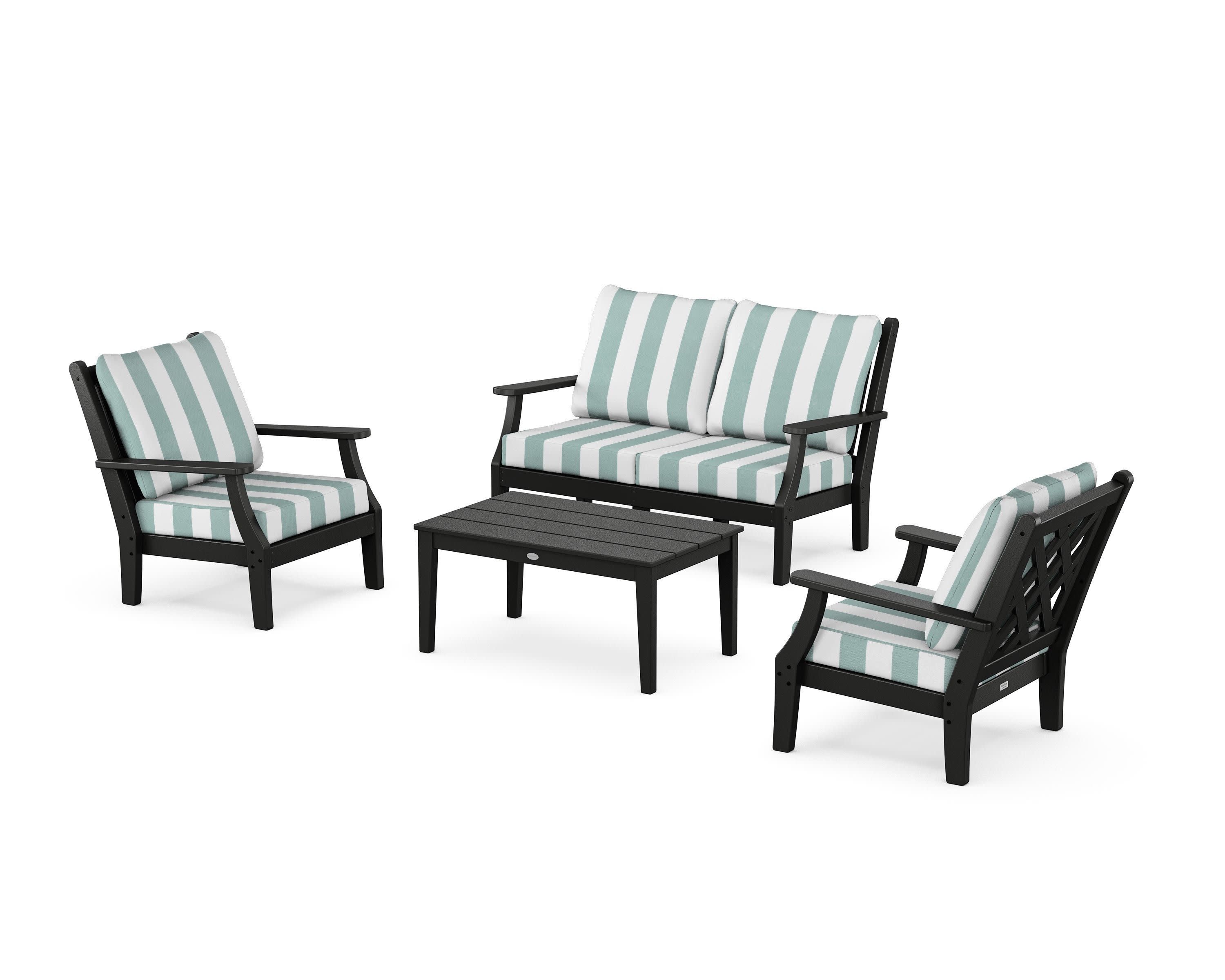 Wovendale 4-Piece Deep Seating Set with Loveseat in Black / Cabana Stripe Glacier Spa