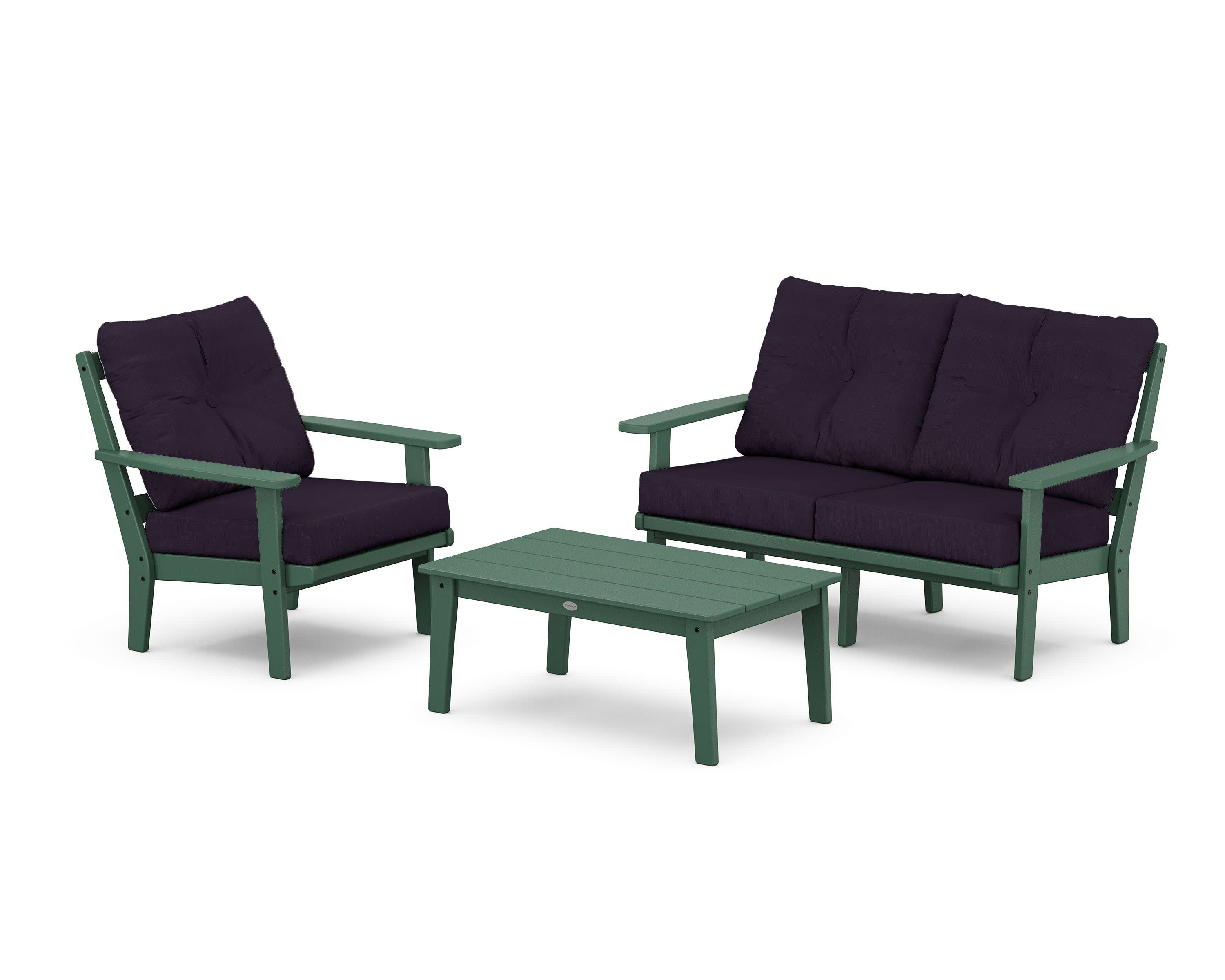 Prairie 3-Piece Deep Seating Set with Loveseat in Green / Navy Linen