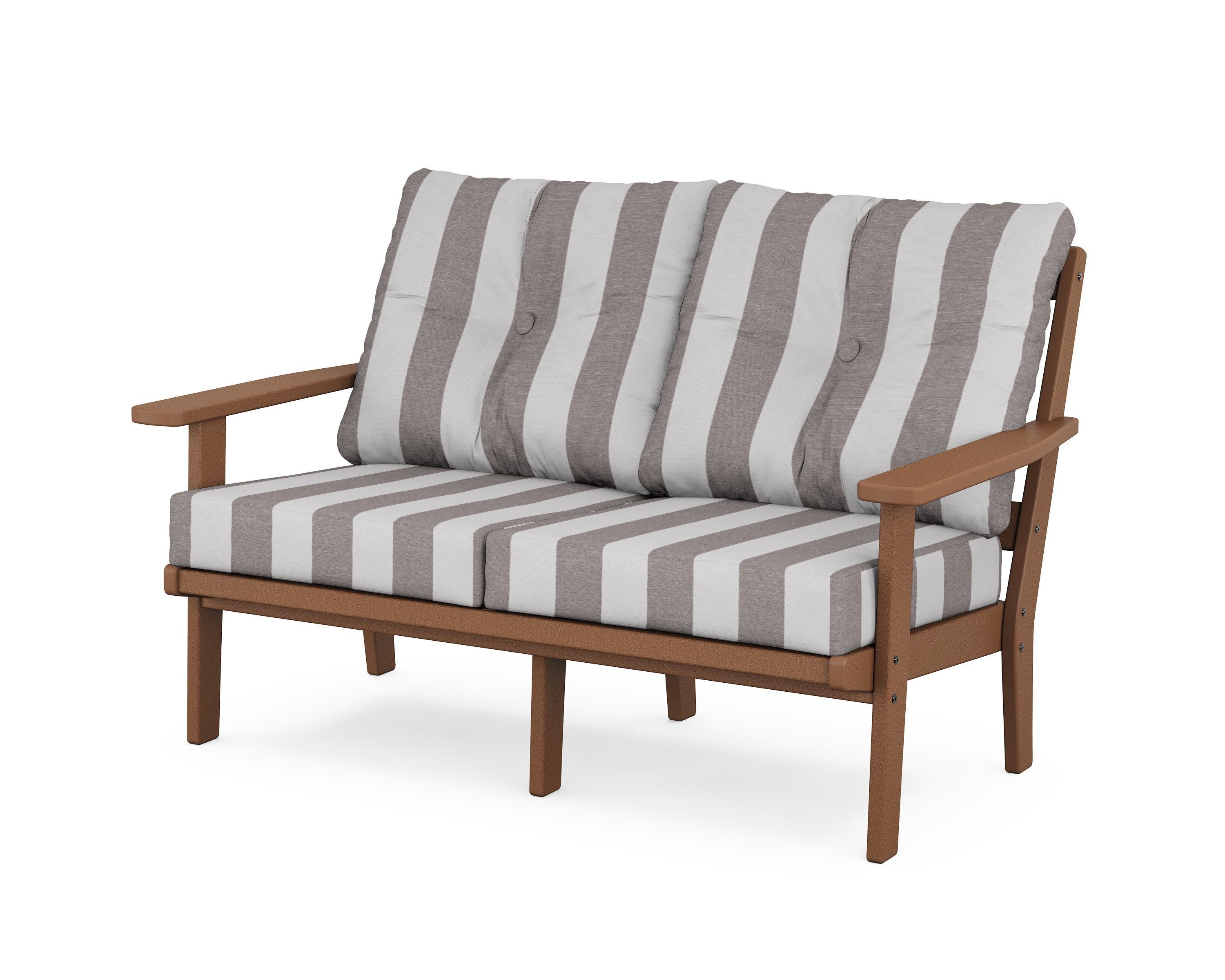 Prairie Deep SeatingLoveseat in Teak / Cabana Stripe Grey Mist