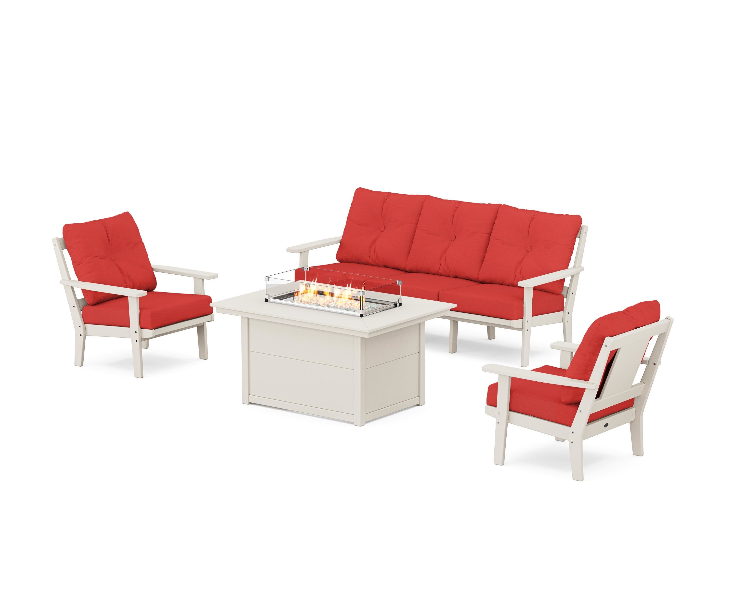 Prairie Deep Seating Fire Pit Table Set in Sand / Crimson Linen