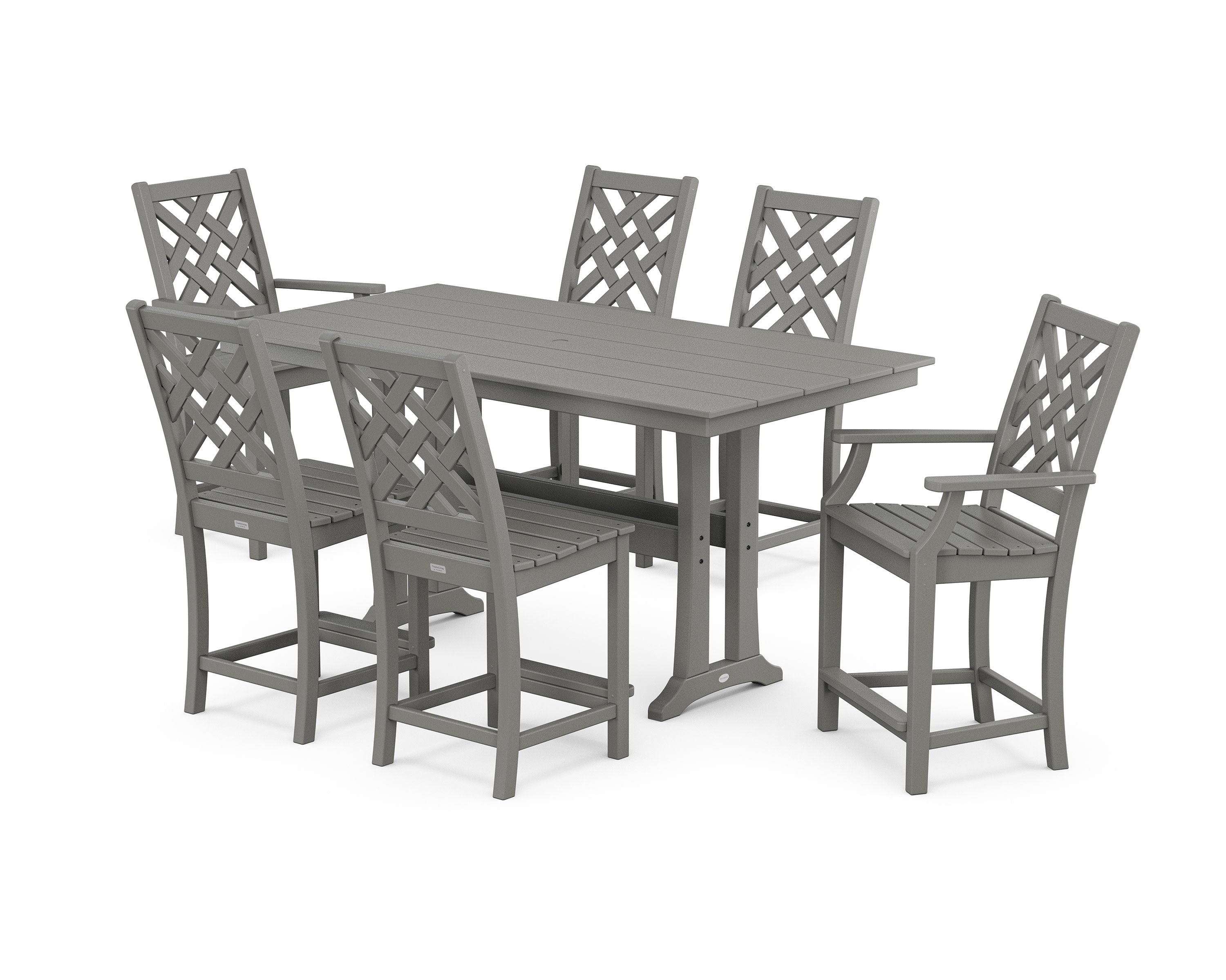 Wovendale 7-Piece Farmhouse Counter Set with Trestle Legs in Slate Grey