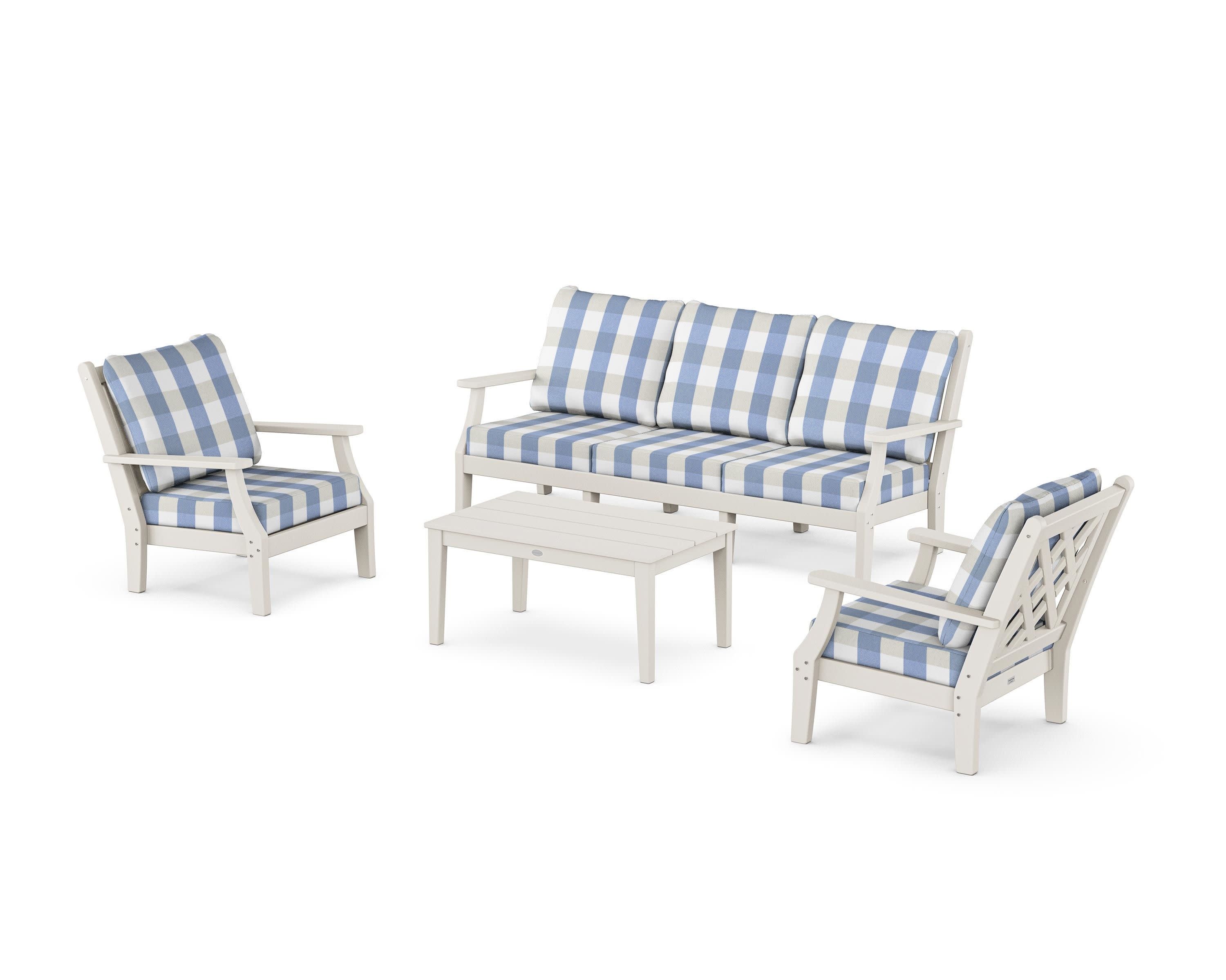 Wovendale 4-Piece Deep Seating Set with Sofa in Sand / Buffalo Plaid Sky Blue
