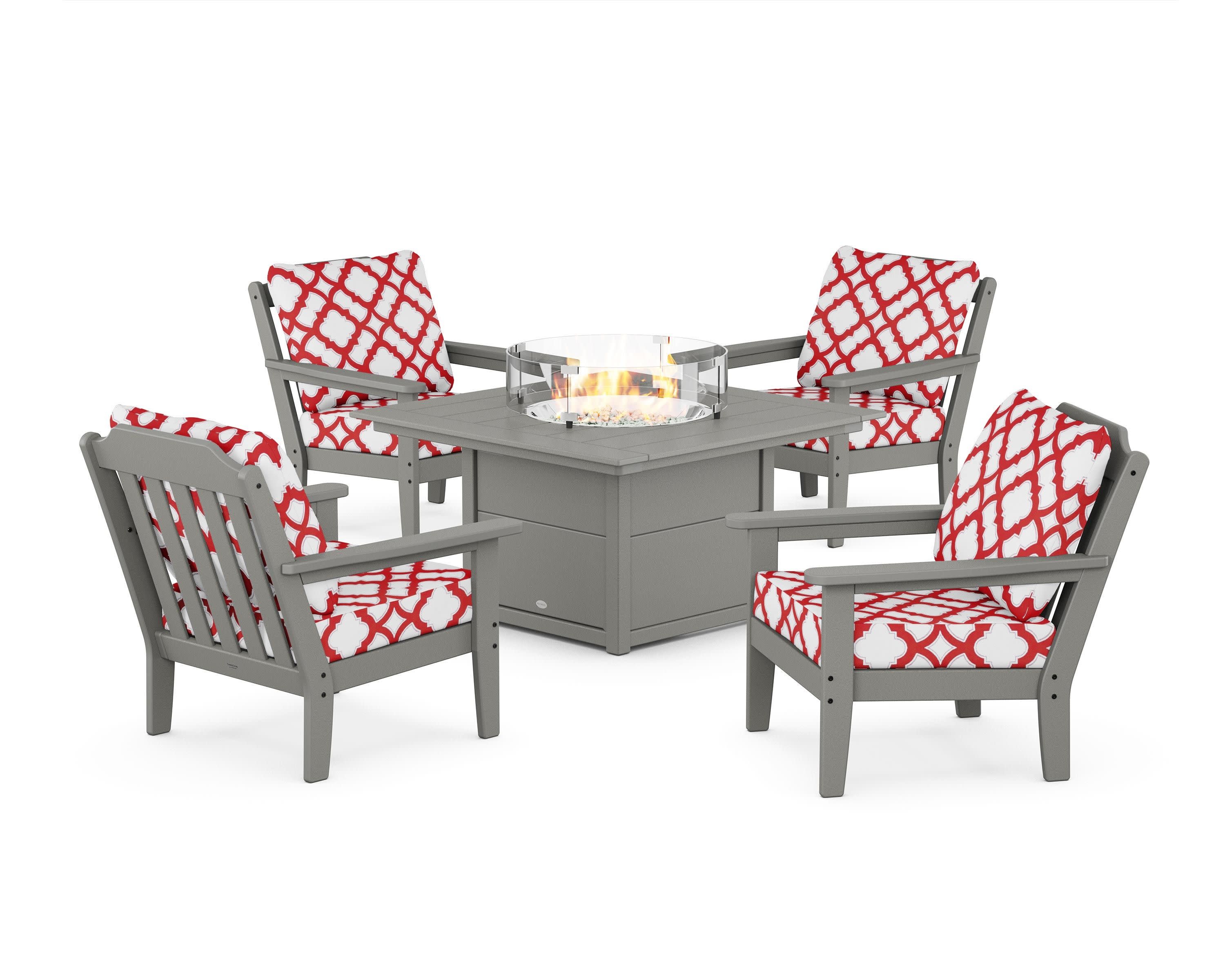 Cottage 5-Piece Deep Seating Set with Fire Pit Table in Slate Grey / Trellis Crimson